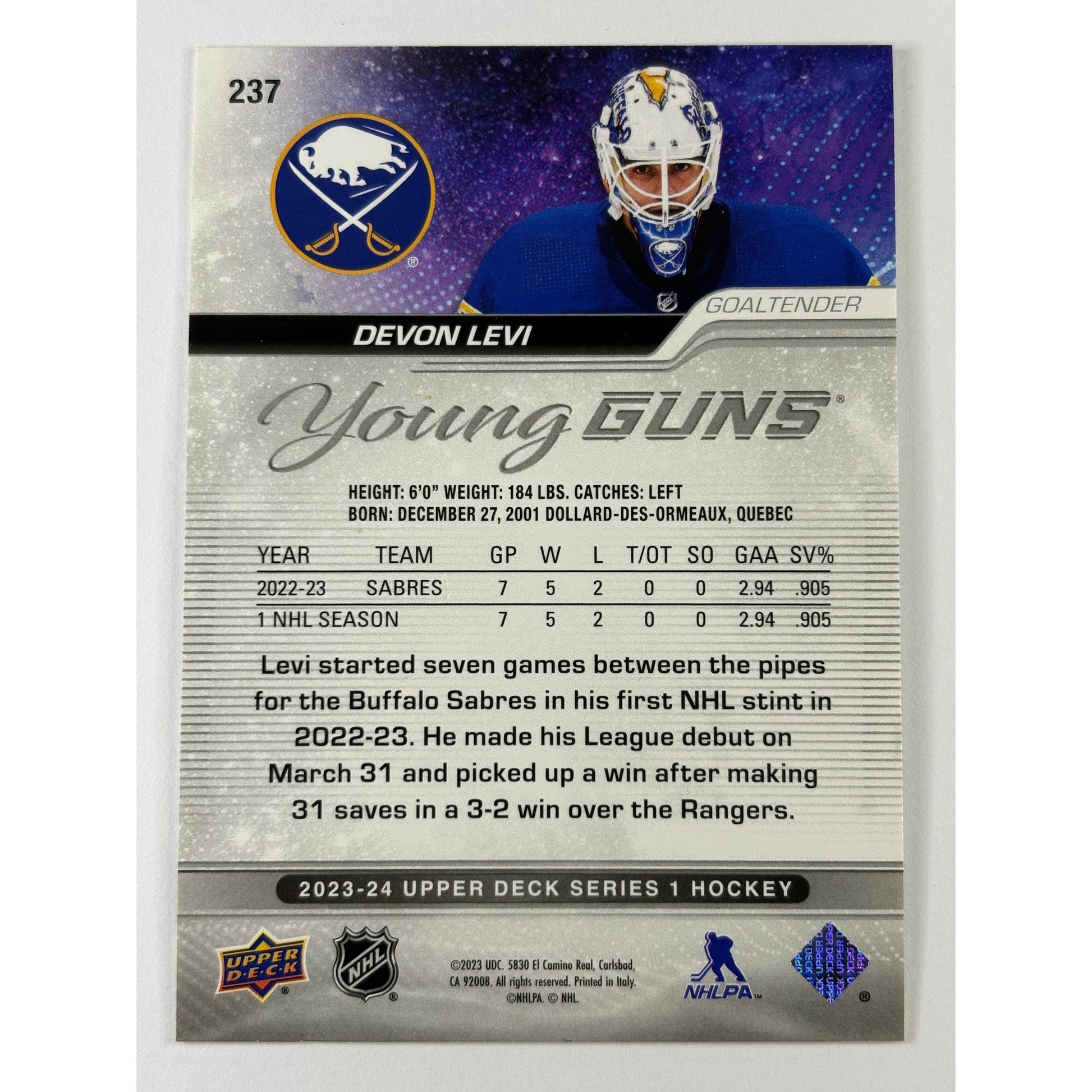 2023-24 Upper Deck Series 1 Devon Levi Outburst Young Guns | Local Legends Cards & Collectibles