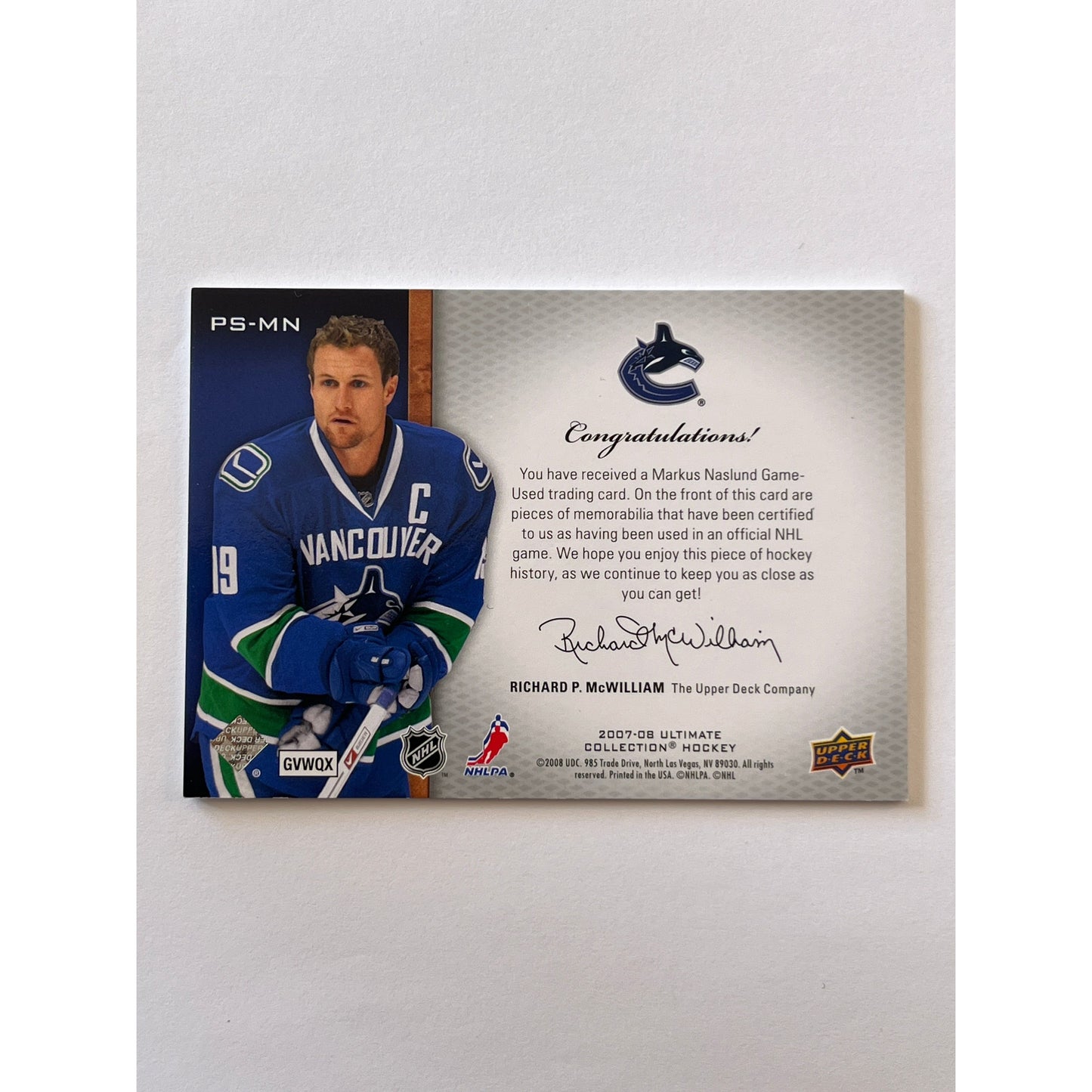 2007-08 Ultimate Collection Markus Naslund Premium Swatches Authentic Memorabilia /50