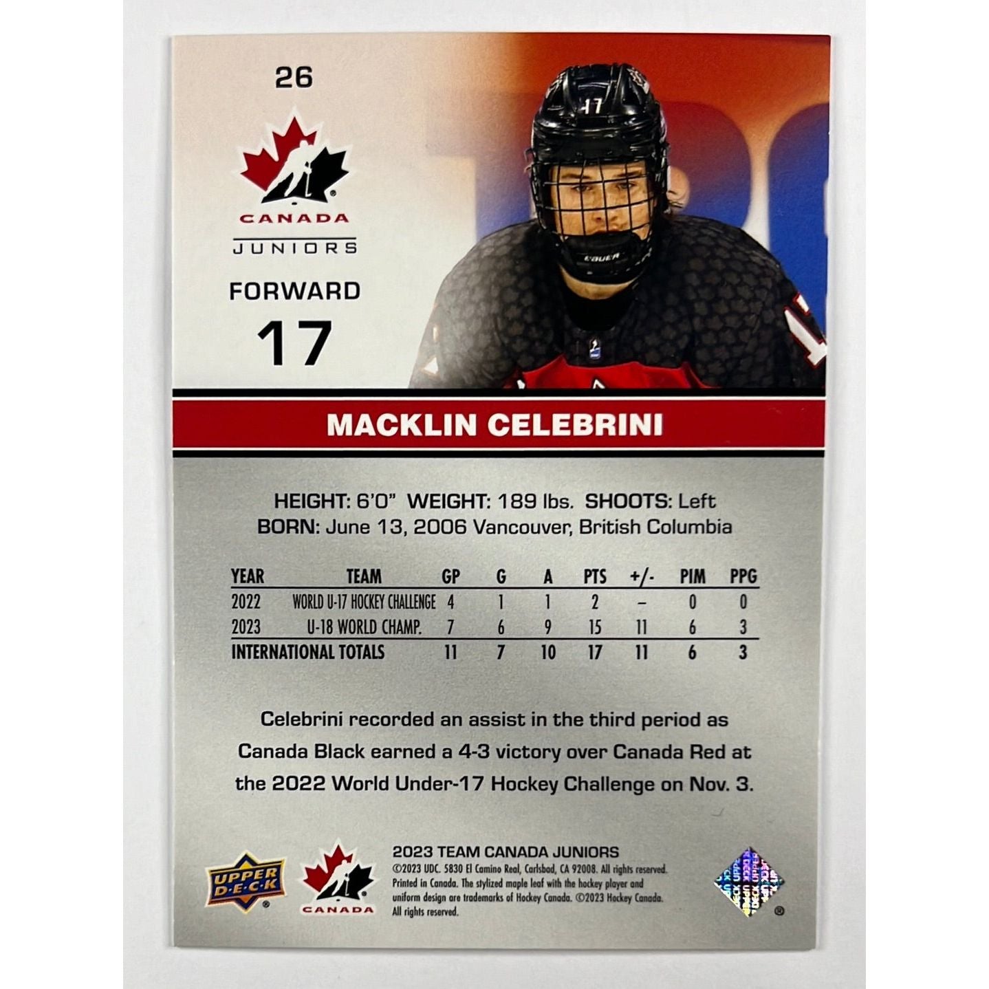 2023 Team Canada Juniors Macklin Celebrini Midnight RC /50