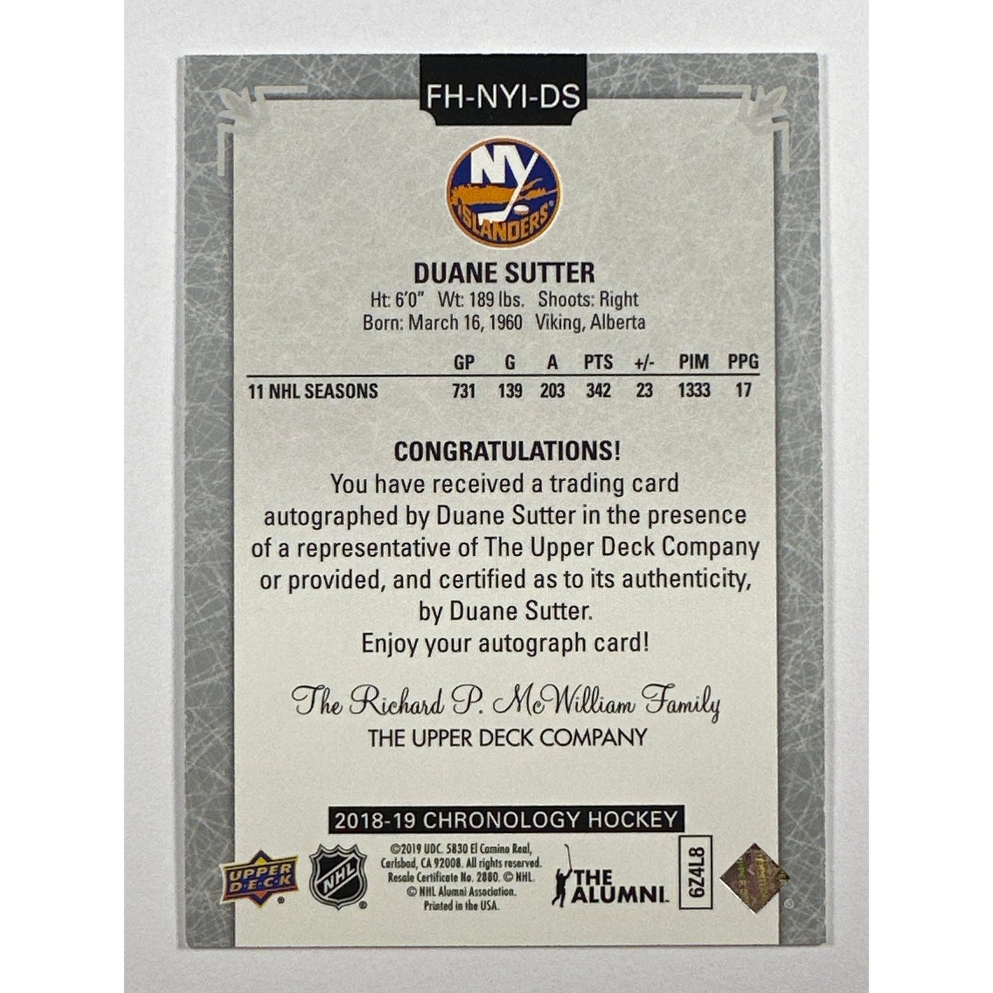 2018-19 Chronology Duane Sutter Autograph | Local Legends Cards & Collectibles