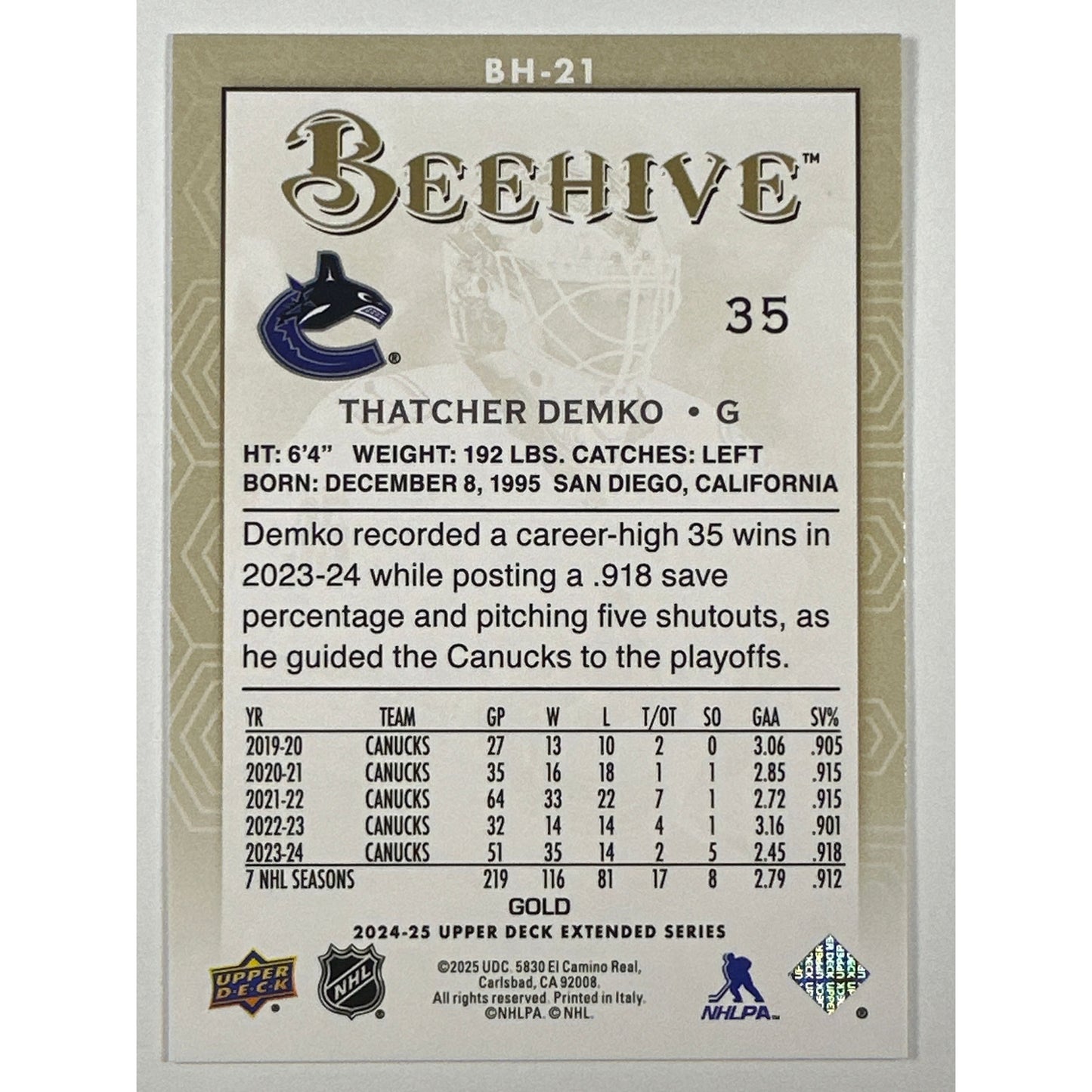 2024-25 Upper Deck Extended Series Thatcher Demko Bee Hive Gold Foil | Local Legends Cards & Collectibles