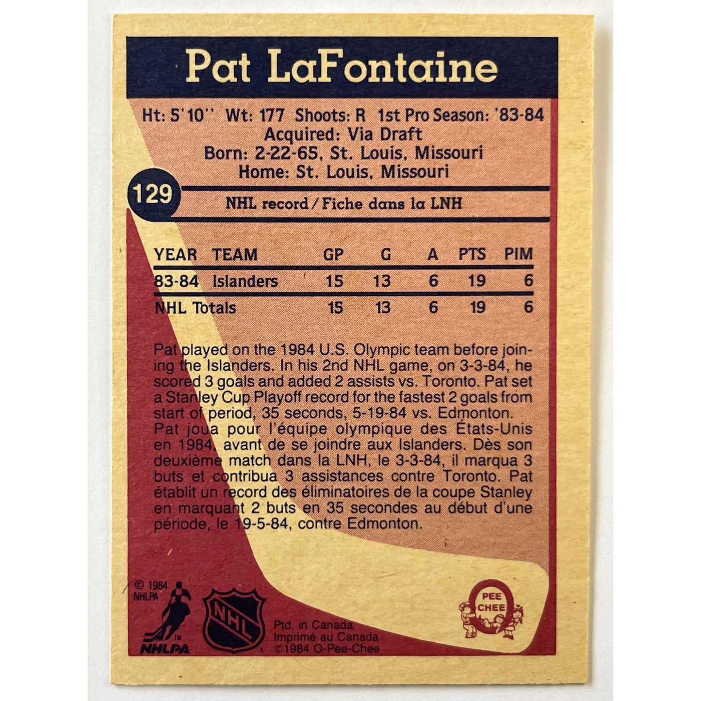 1984-85 O-Pee-Chee Pat Lafontaine RC