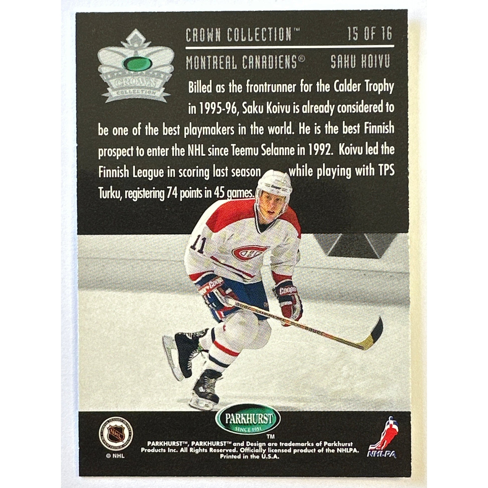 1995-96 Parkhurst Saku Koivu Crown Collection | Local Legends Cards & Collectibles