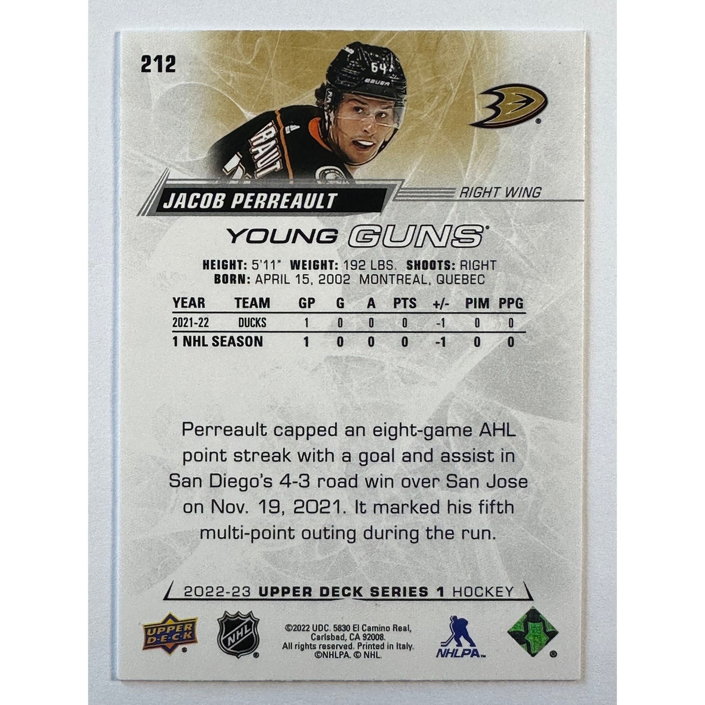 2022-23 Upper Deck Series 1 Jacob Perreault Young Guns | Local Legends Cards & Collectibles