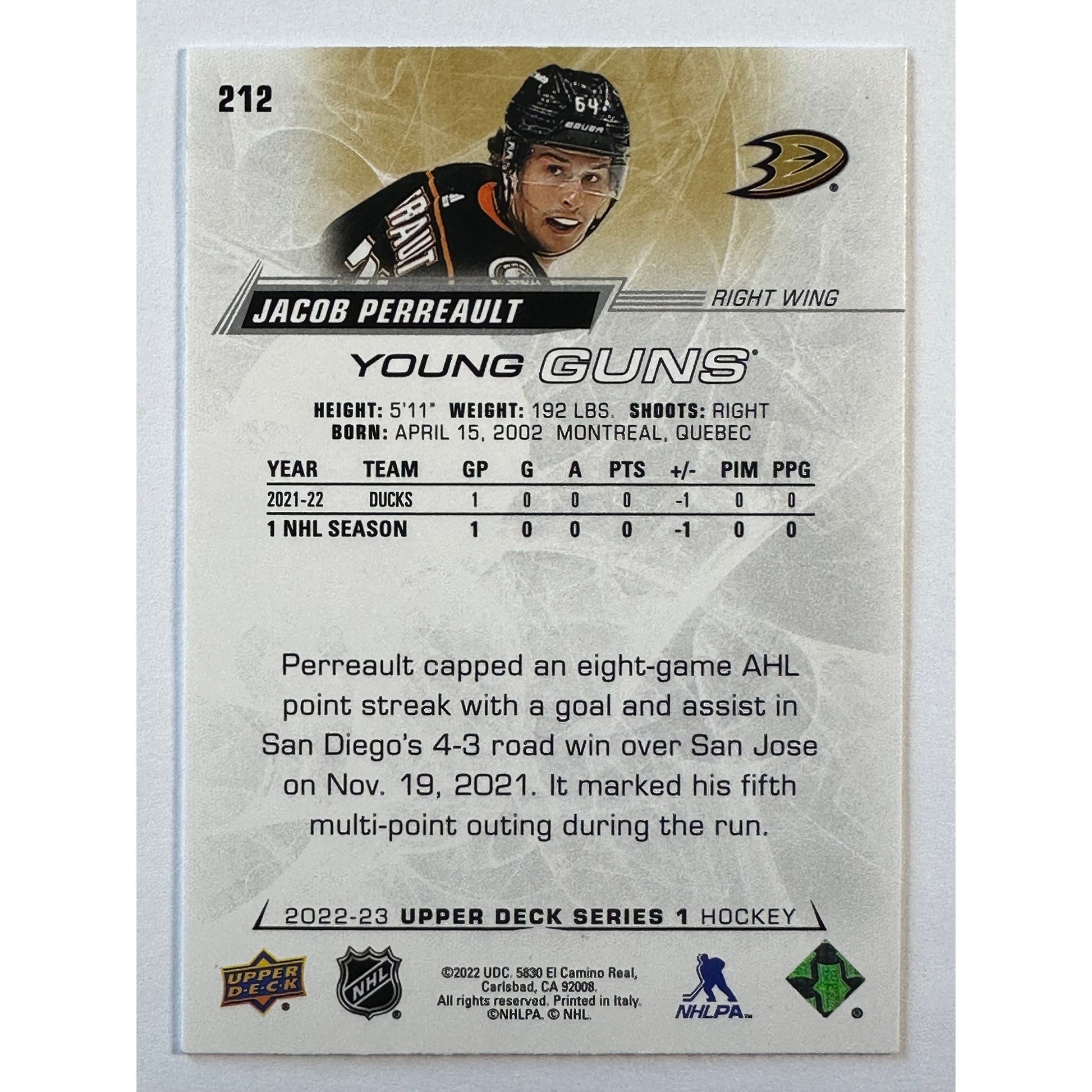2022-23 Upper Deck Series 1 Jacob Perreault Young Guns | Local Legends Cards & Collectibles