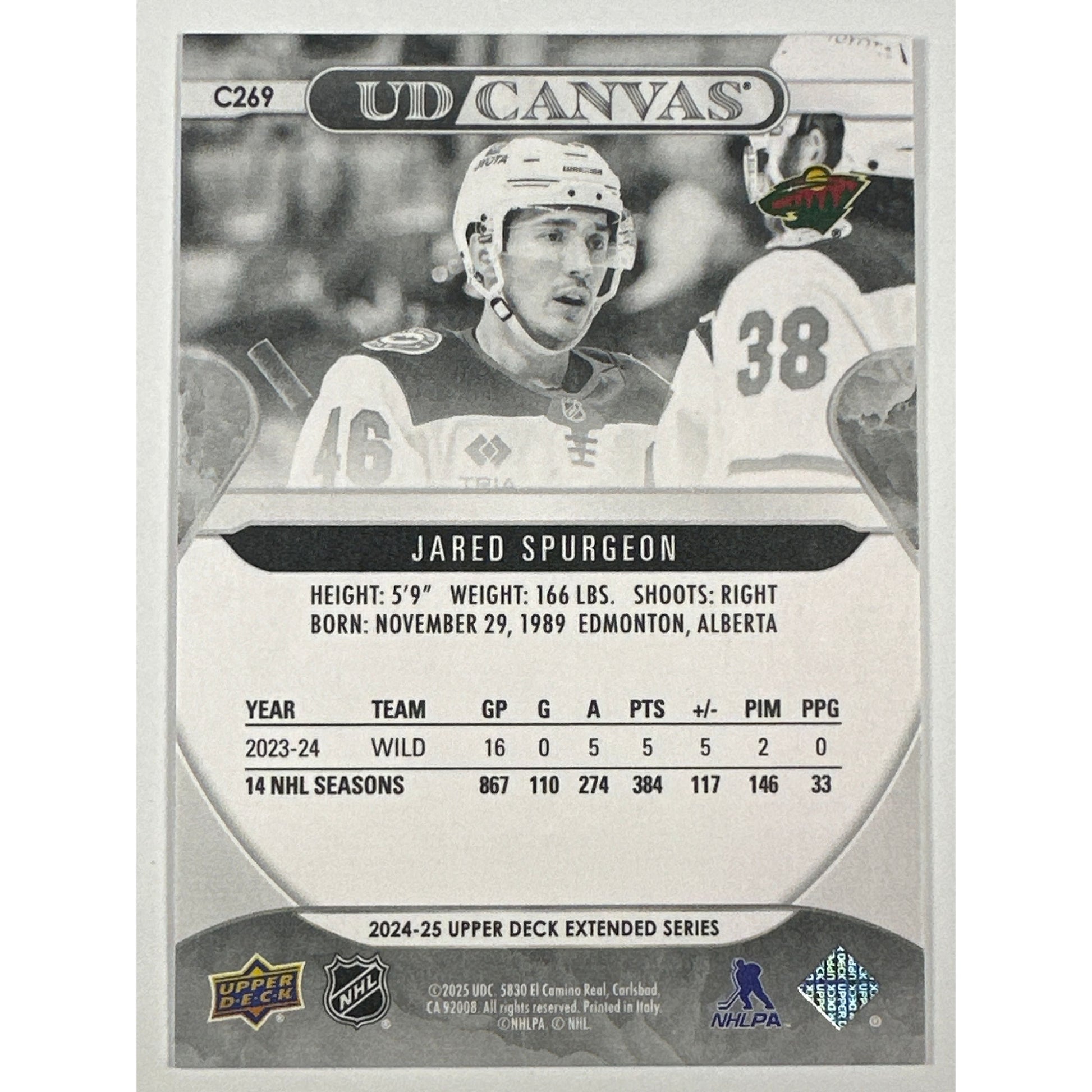 2024-25 Upper Deck Extended Series Jared Spurgeon UD Canvas Black & White | Local Legends Cards & Collectibles