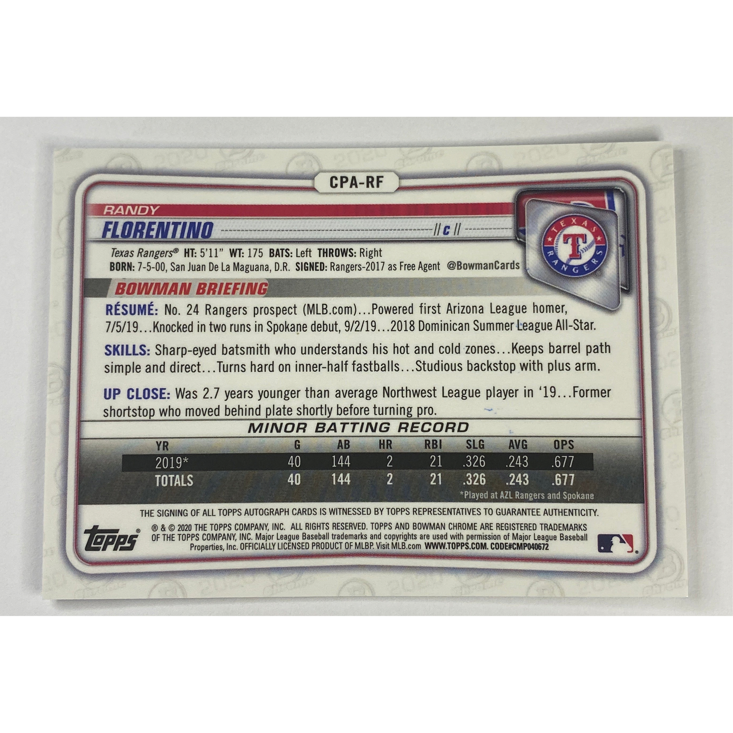 2020-21 Topps Bowman 1st Chrome Randy Florentino Auto | Local Legends Cards & Collectibles