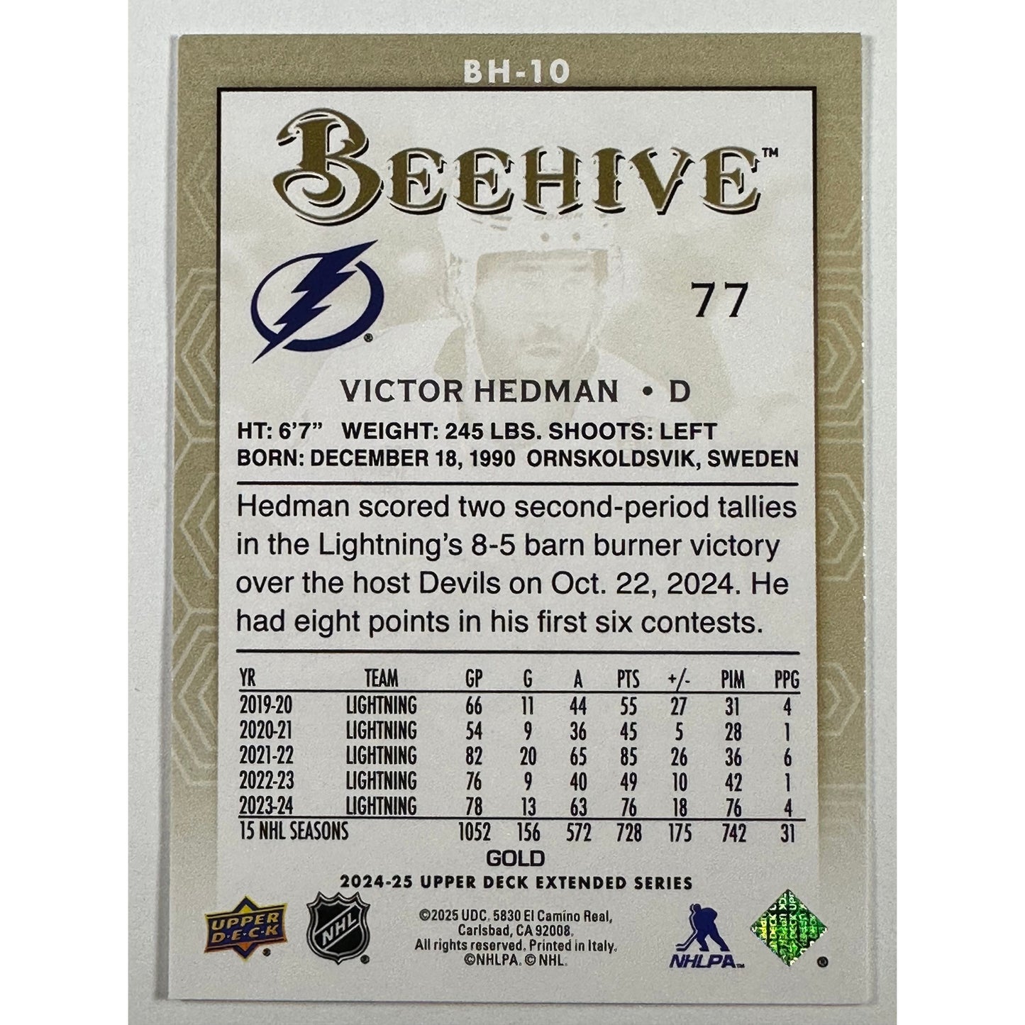 2024-25 Upper DeckExtended Series Victor Hedman Bee Hive Gold Foil | Local Legends Cards & Collectibles