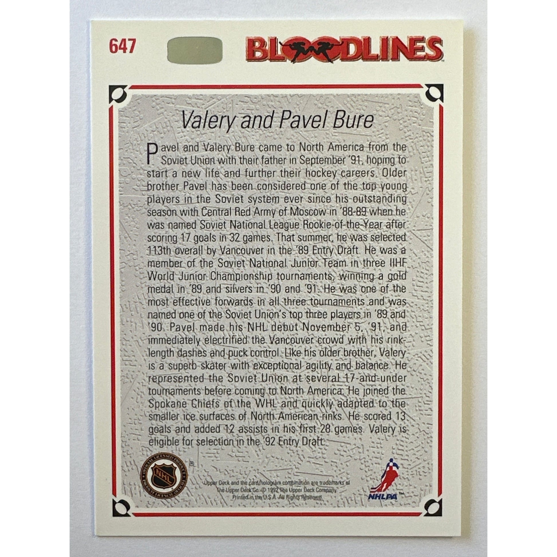 1992-93 Upper Deck Valery and Pavel Bure Bloodlines | Local Legends Cards & Collectibles