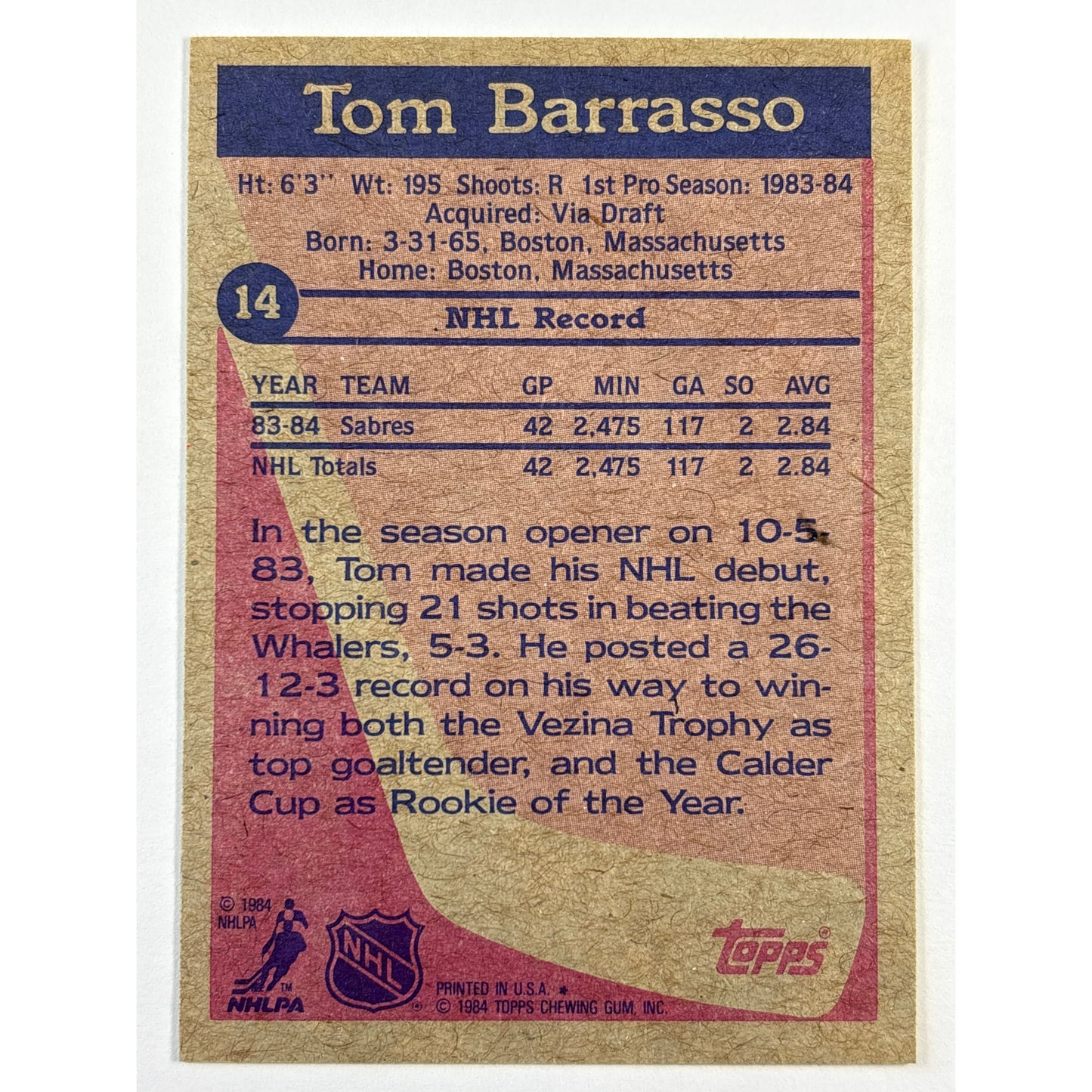 1984 Topps Tom Barraso Rookie Card | Local Legends Cards & Collectibles
