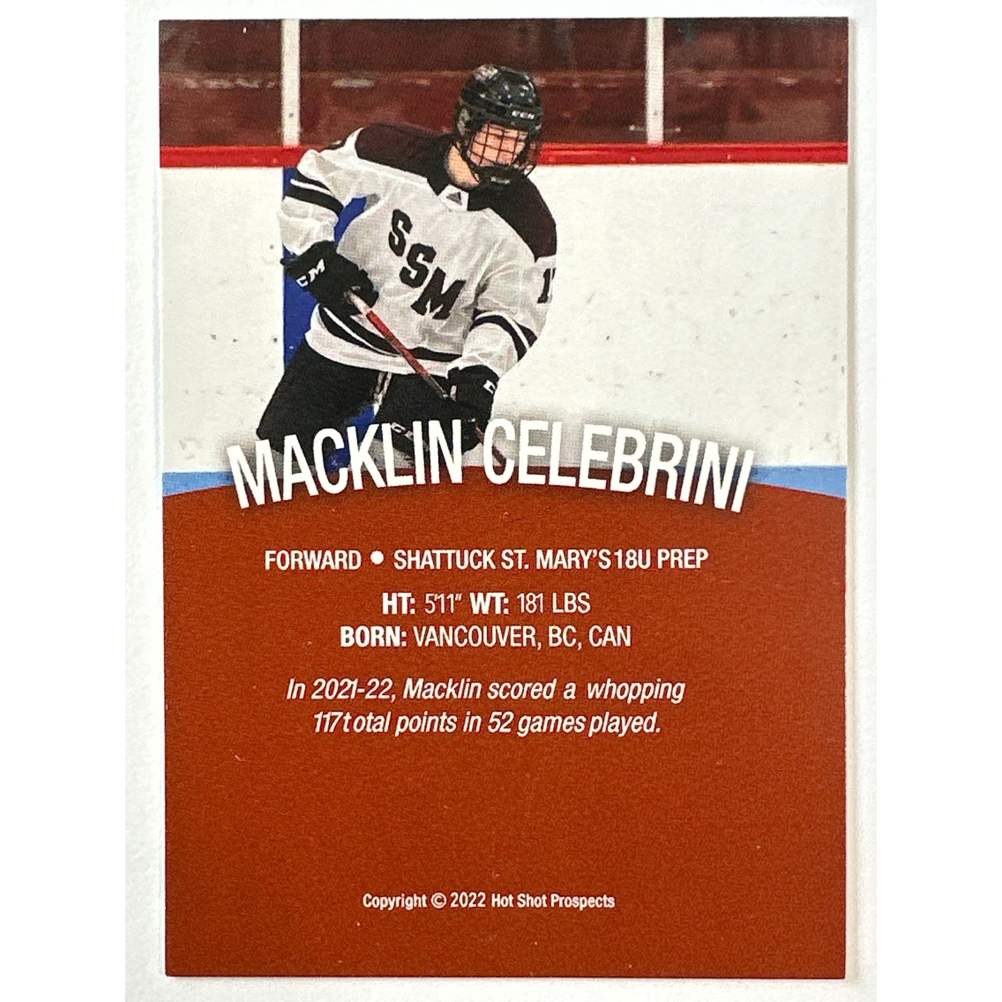 2022 Hot Shot Prospects Macklin Celebrini Pre RC | Local Legends Cards & Collectibles