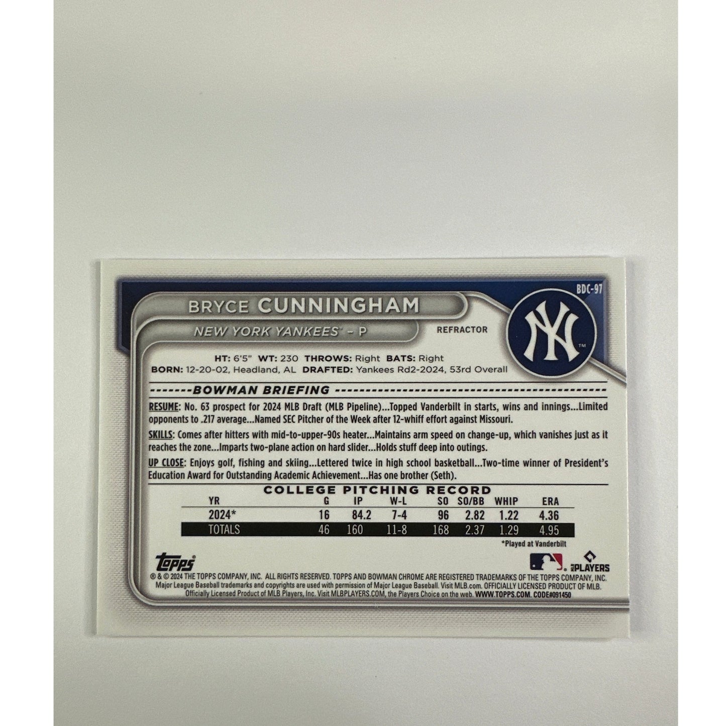 2024 Bowman Chrome Bryce Cunningham Bowman 1st Refractor | Local Legends Cards & Collectibles