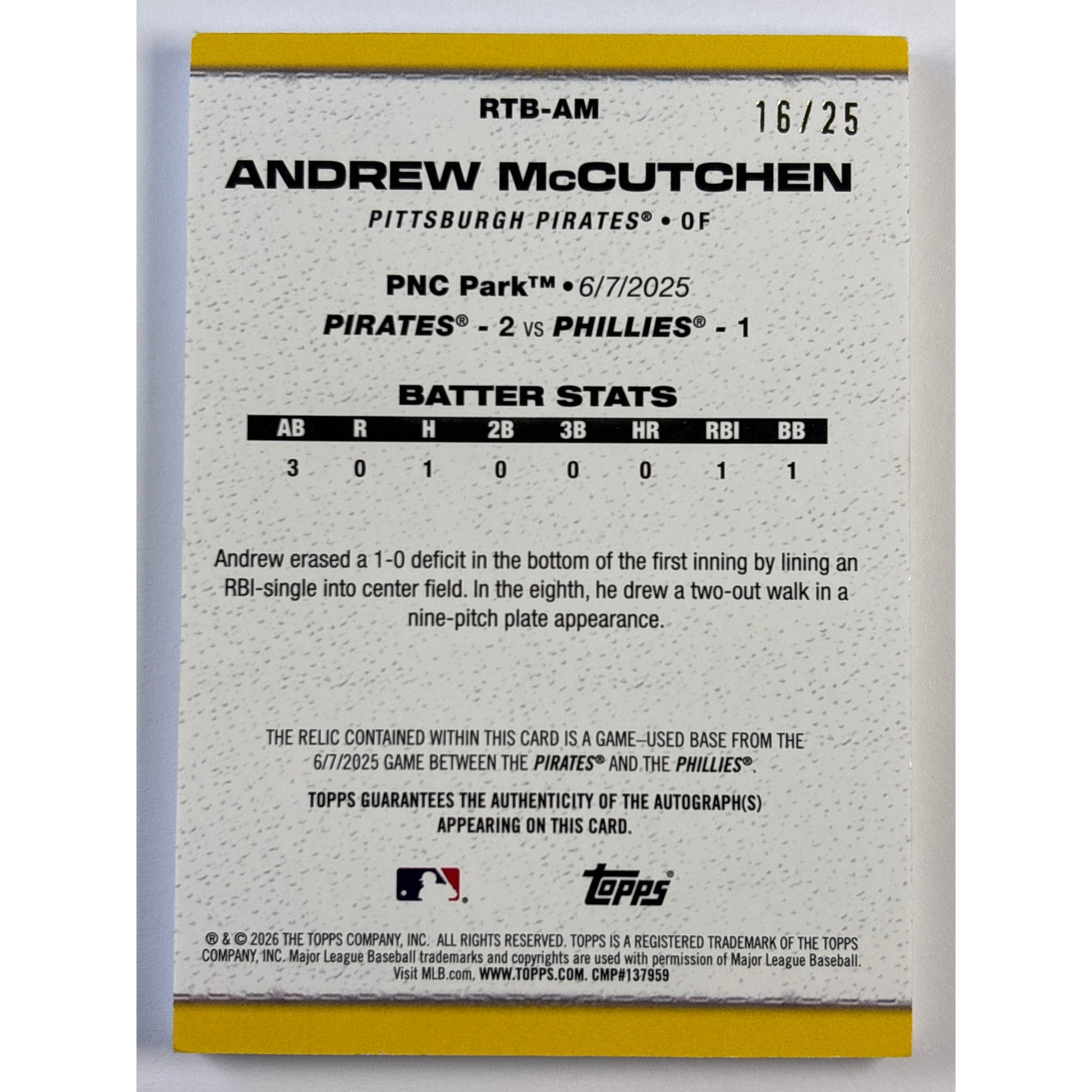 2026 Topps Series 2 Andrew McCutchen Game Used Plate Patch Auto /25 | Local Legends Cards & Collectibles