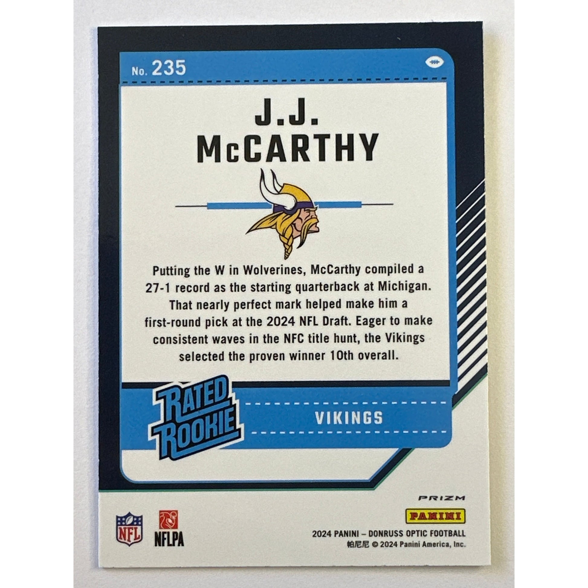 2024 Donruss Optic J.J. McCarthy Purple Shock Rated Rookie | Local Legends Cards & Collectibles