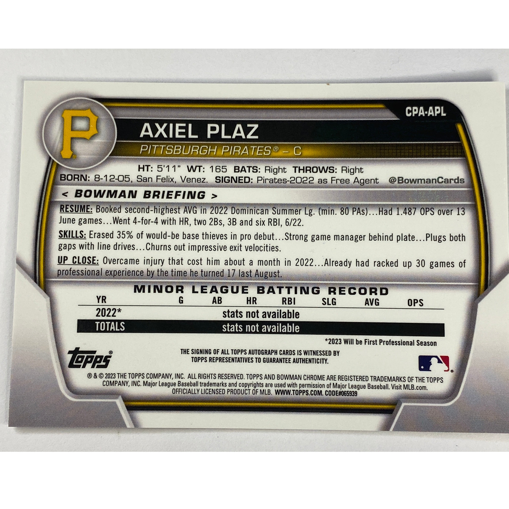 2023-24 Topps Bowman 1st Chrome Axiel Plaz Auto | Local Legends Cards & Collectibles