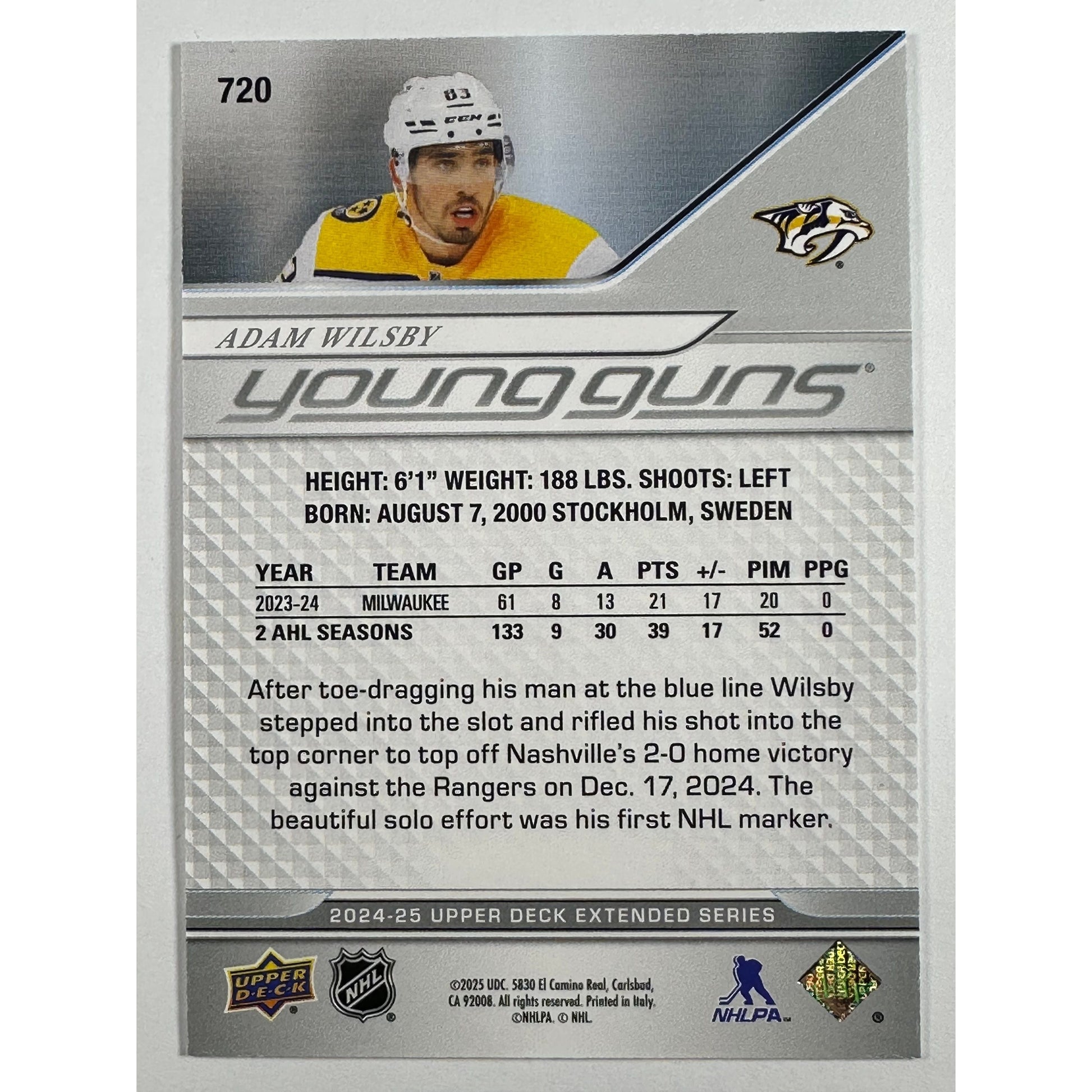 2024-25 Upper Deck Extended Series Adam Wilsby Young Guns Deluxe /250 | Local Legends Cards & Collectibles