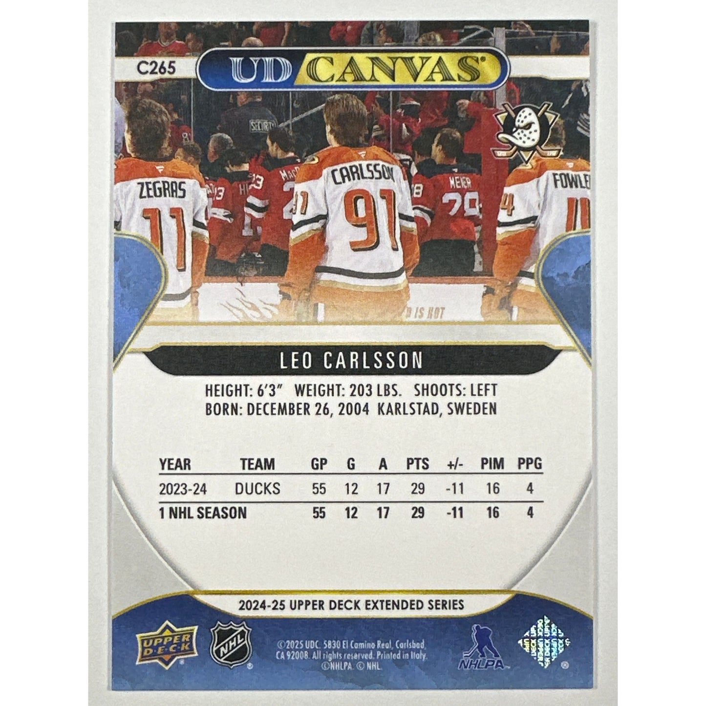 2024-25 Upper Deck Extended Series Leo Carlsson UD Canvas | Local Legends Cards & Collectibles