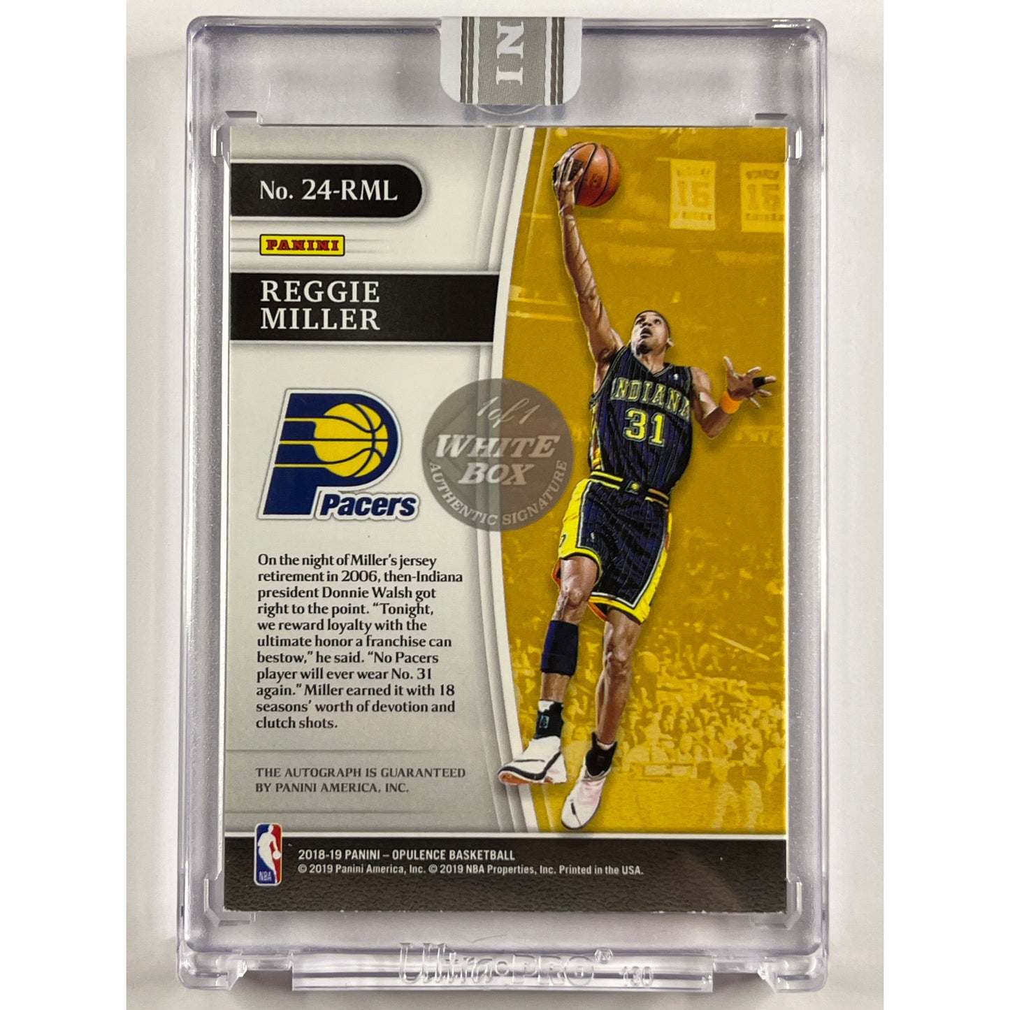 2018-19 Panini Opulence Reggie Miller 24K Inscribed Auto White Box 1 of 1