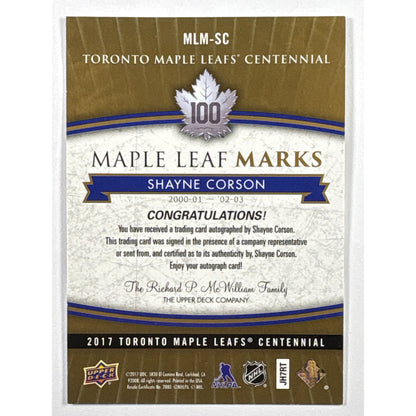 2017 Toronto Maple Leafs Centennial Shayne Corson Auto | Local Legends Cards & Collectibles