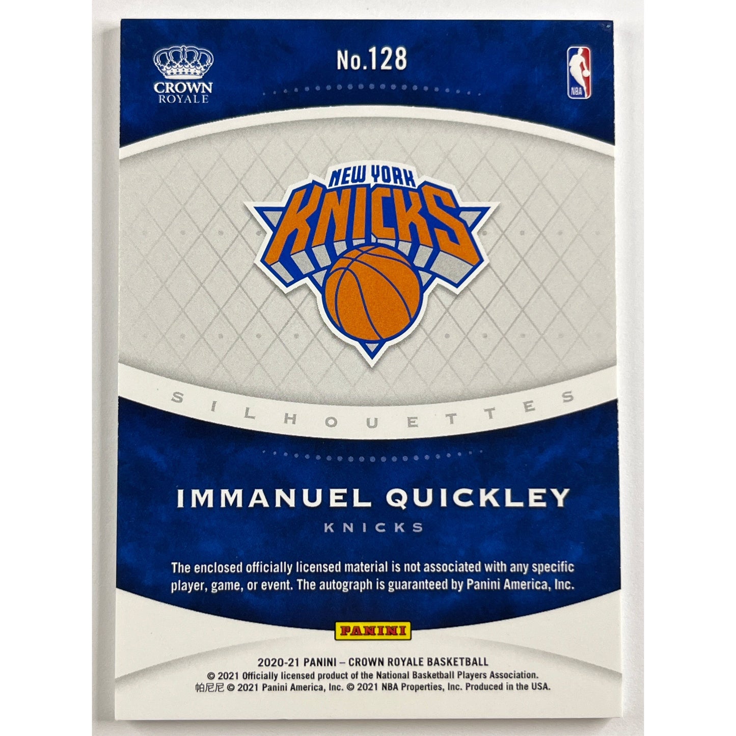 2020-21 Crown Royale Immanuel Quickley Silhouettes Rookie Patch Auto /199