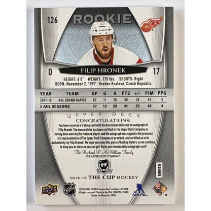 2018-19 The Cup Filip Hronek Rookie Patch Auto /249 | Local Legends Cards & Collectibles