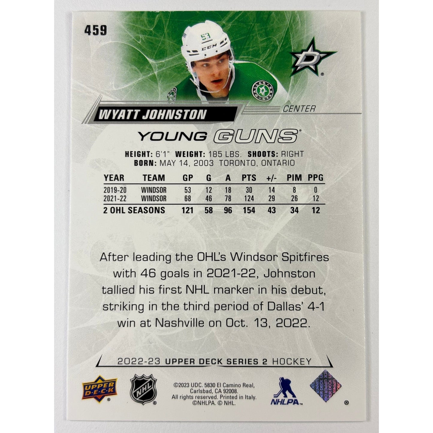 2022-23 Upper Deck Series 2 Wyatt Johnston Young Guns | Local Legends Cards & Collectibles