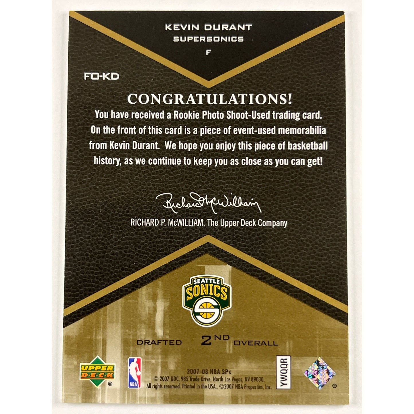 2007-08 SPX Kevin Durant Freshman Orientation Rookie Jersey Patch