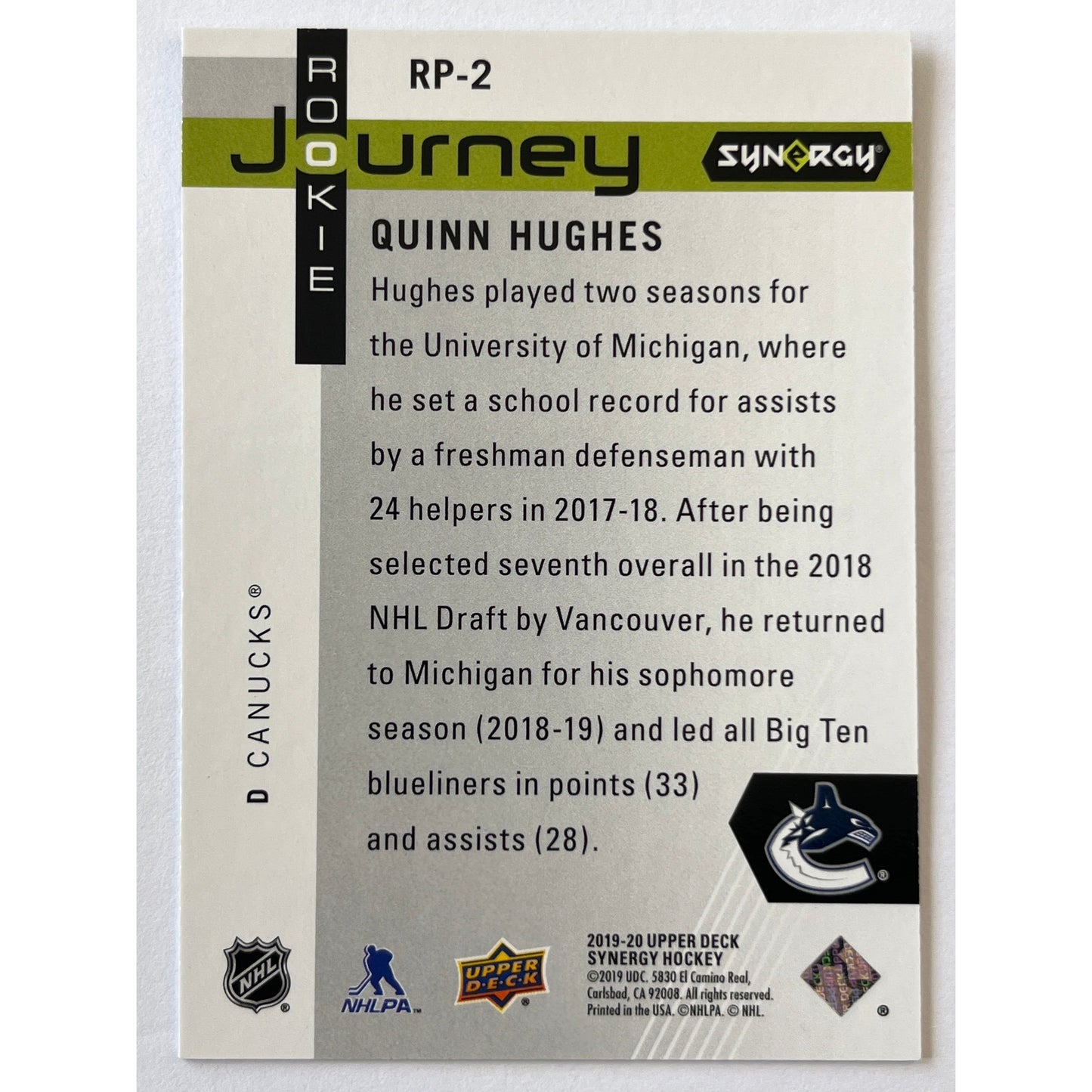 2019-20 Synergy Quinn Hughes Rookie Journey /999