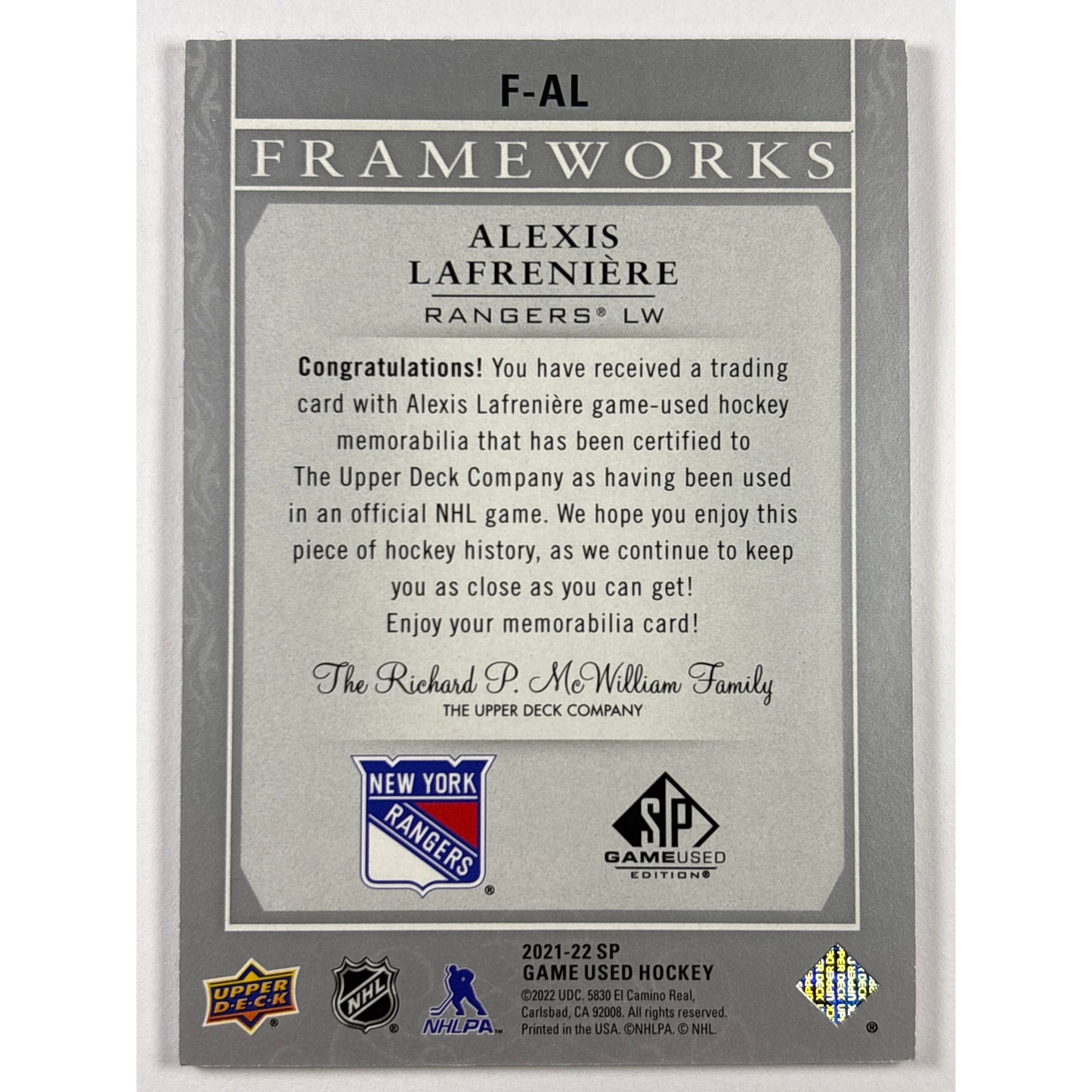 2021-22 SP Game Used Alexis Lafrenière Frameworks | Local Legends Cards & Collectibles
