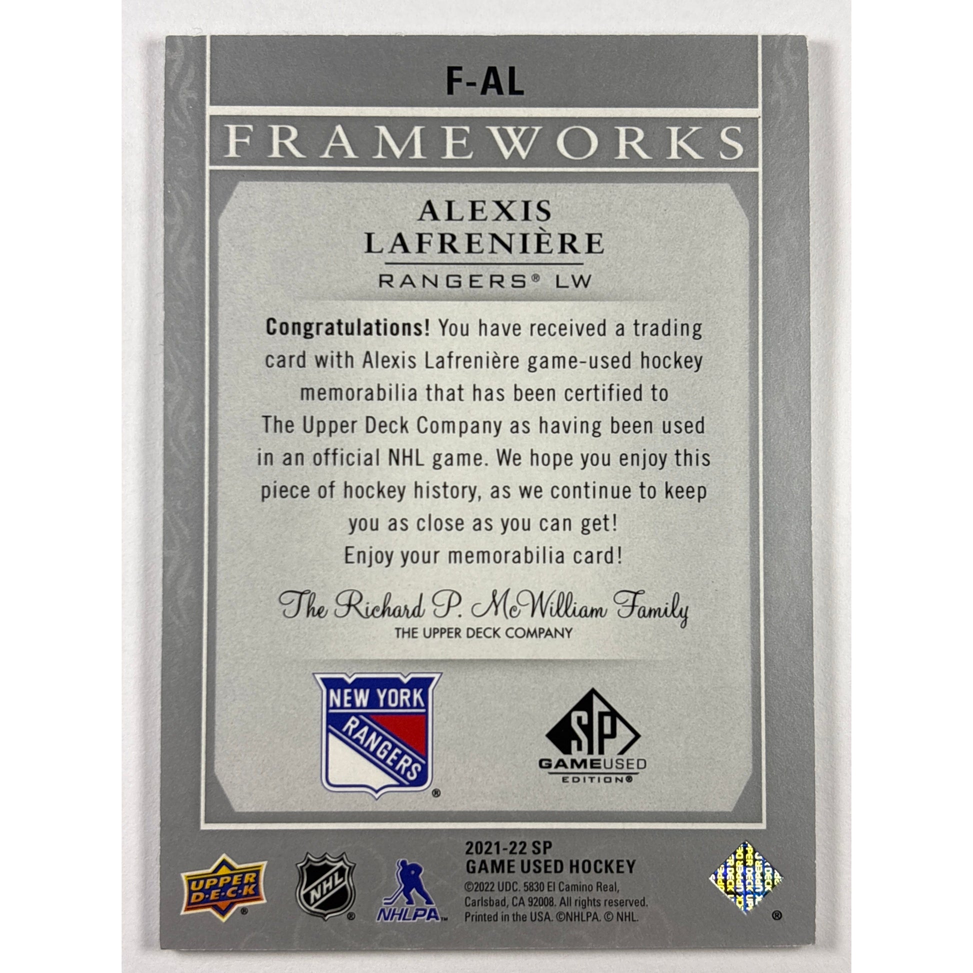 2021-22 SP Game Used Alexis Lafrenière Frameworks | Local Legends Cards & Collectibles