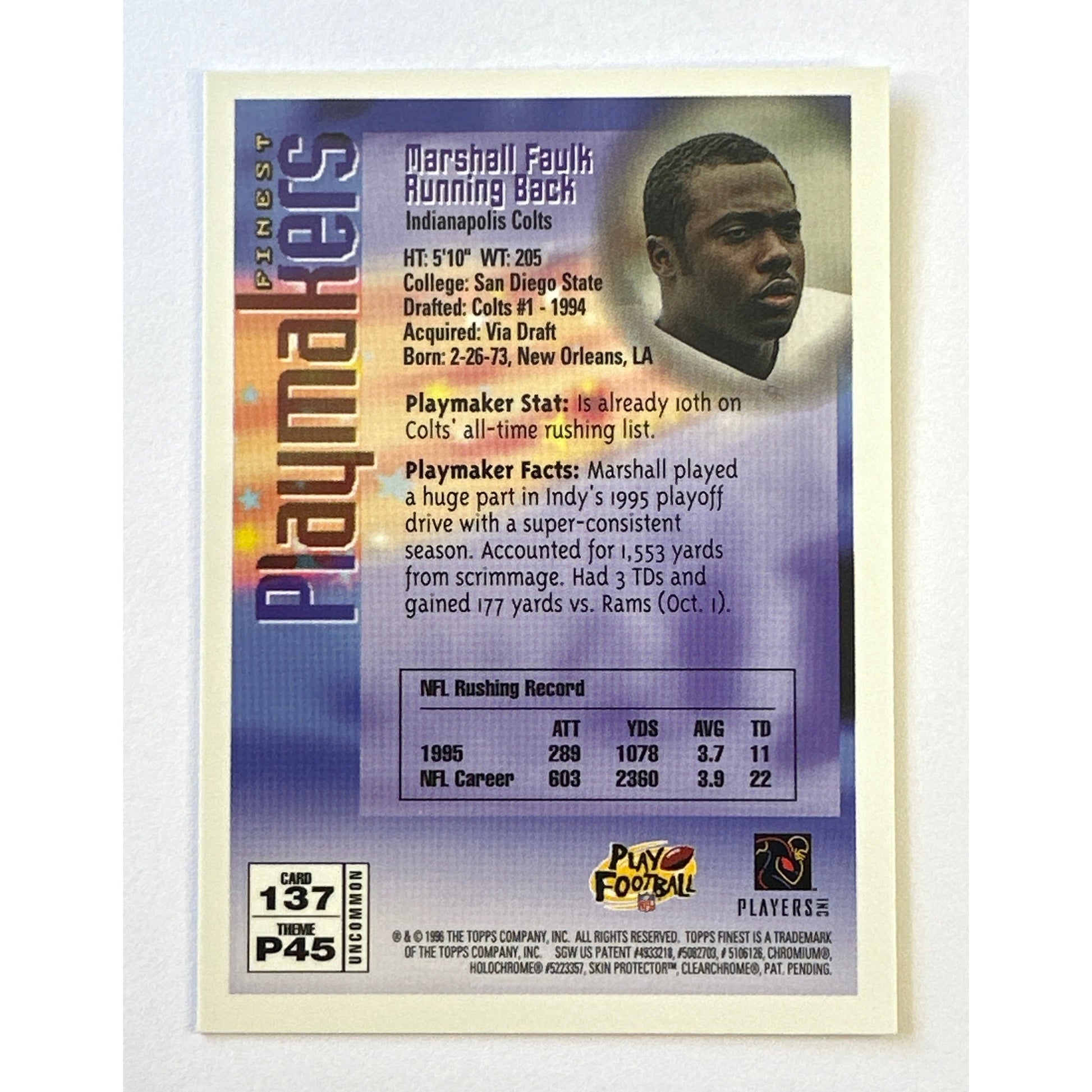 1996 Topps Finest Marshall Faulk Finest Playmakers Unpeeled | Local Legends Cards & Collectibles