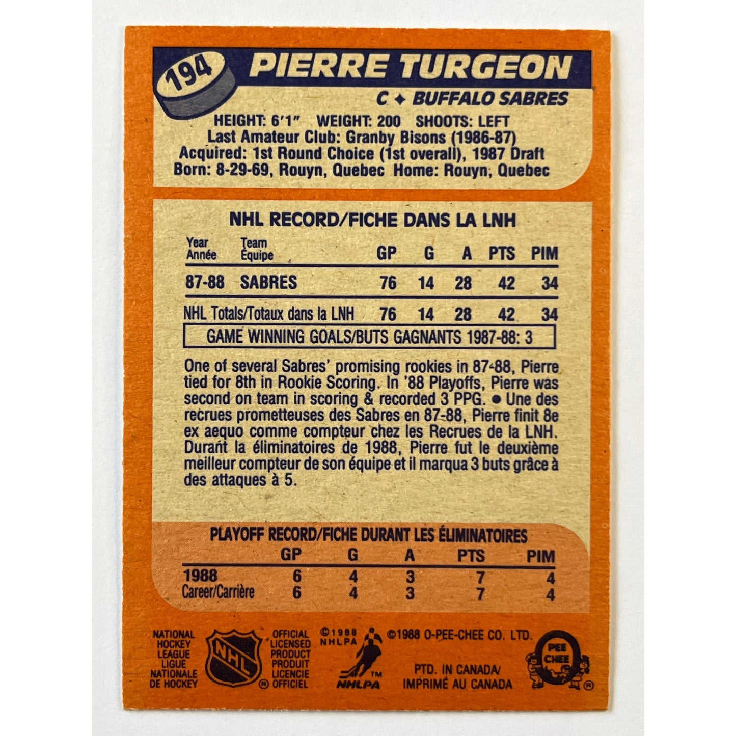 1988-89 O-Pee-Chee Pierre Turgeon RC