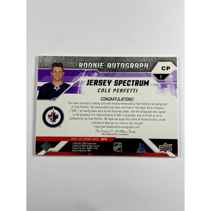 2021-22 SPX Cole Perfetti Jersey Spectrum Rookie Auto Patch /35