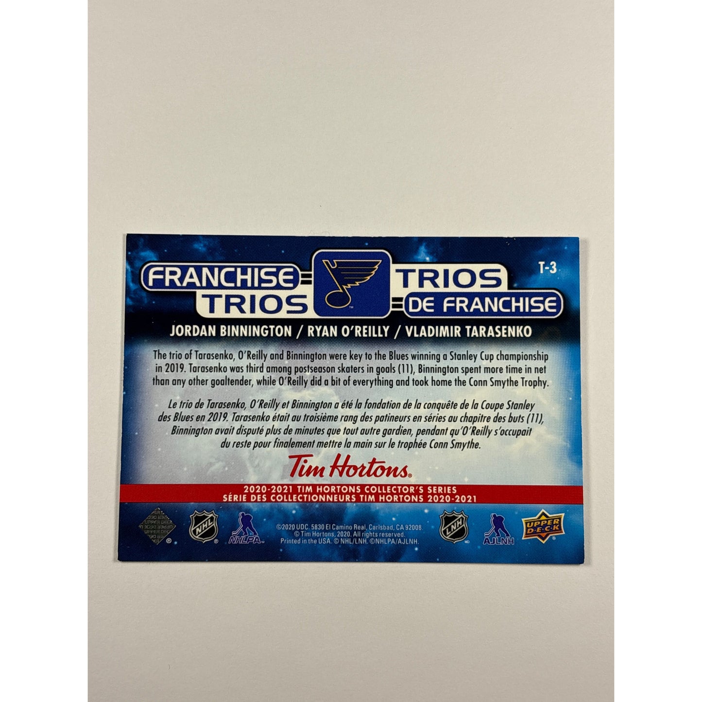 2020-21 Tim Hortons Binnington / O’Reilly / Tarasenko Franchise Trios Lenticular | Local Legends Cards & Collectibles