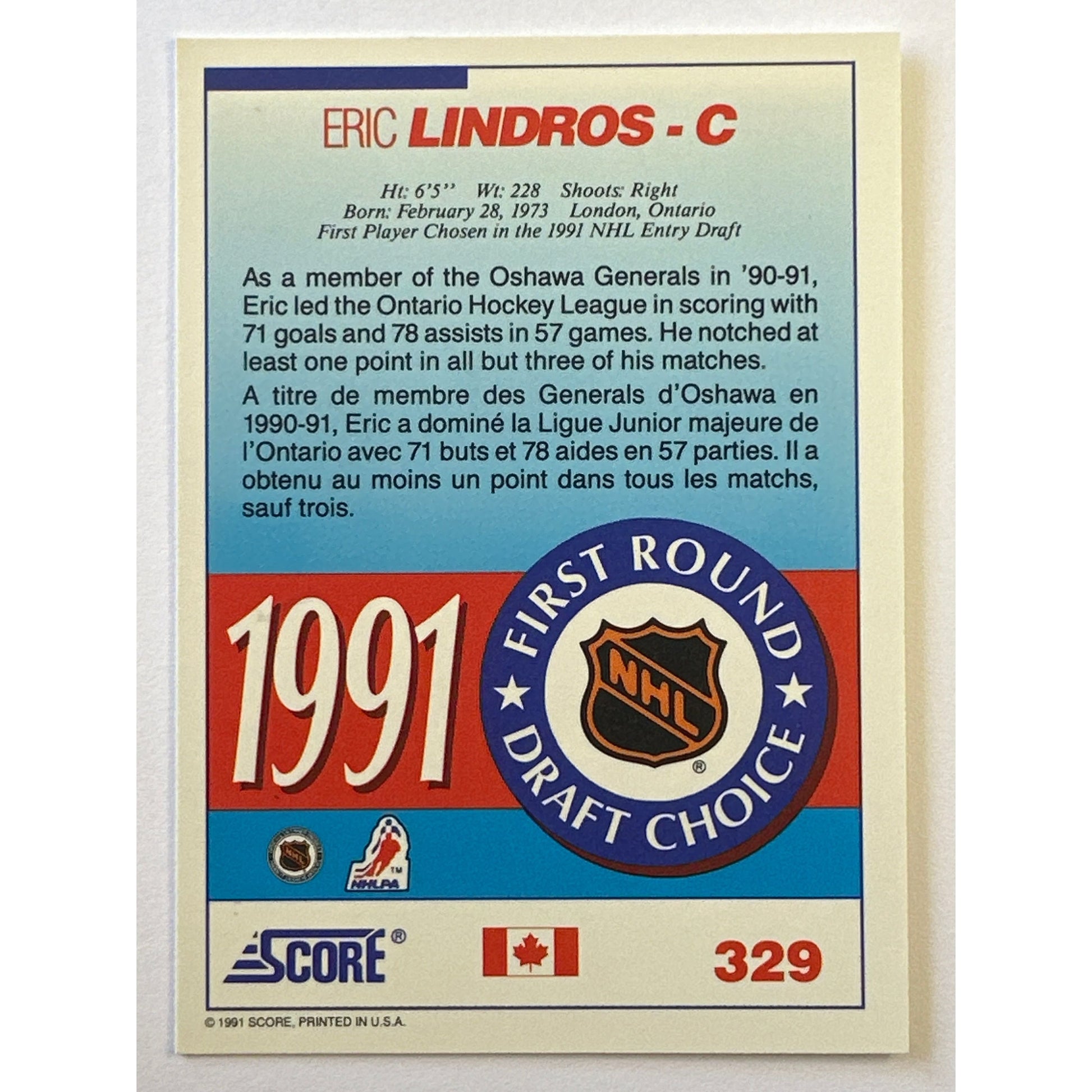 1991-92 Score Eric Lindros First Round Draft Choice RC | Local Legends Cards & Collectibles