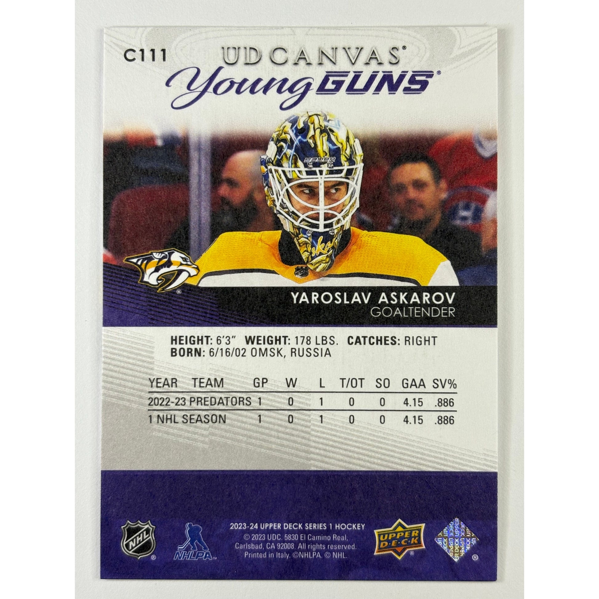 2023-24 Upper Deck Series 1 Yaroslavl Askarov UD Canvas Young Guns | Local Legends Cards & Collectibles