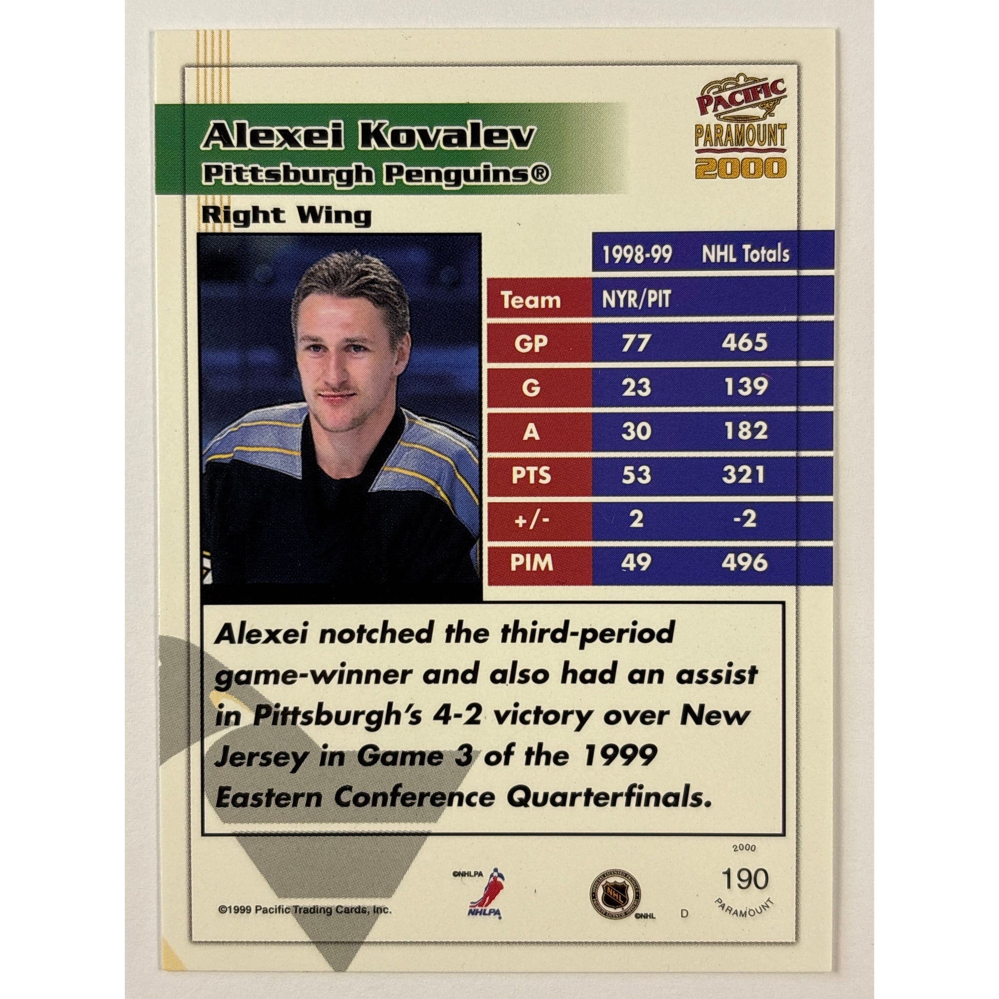 1999-2000 Pacific Paramount Alexei Kovalev Premiere Date 07/50 | Local Legends Cards & Collectibles