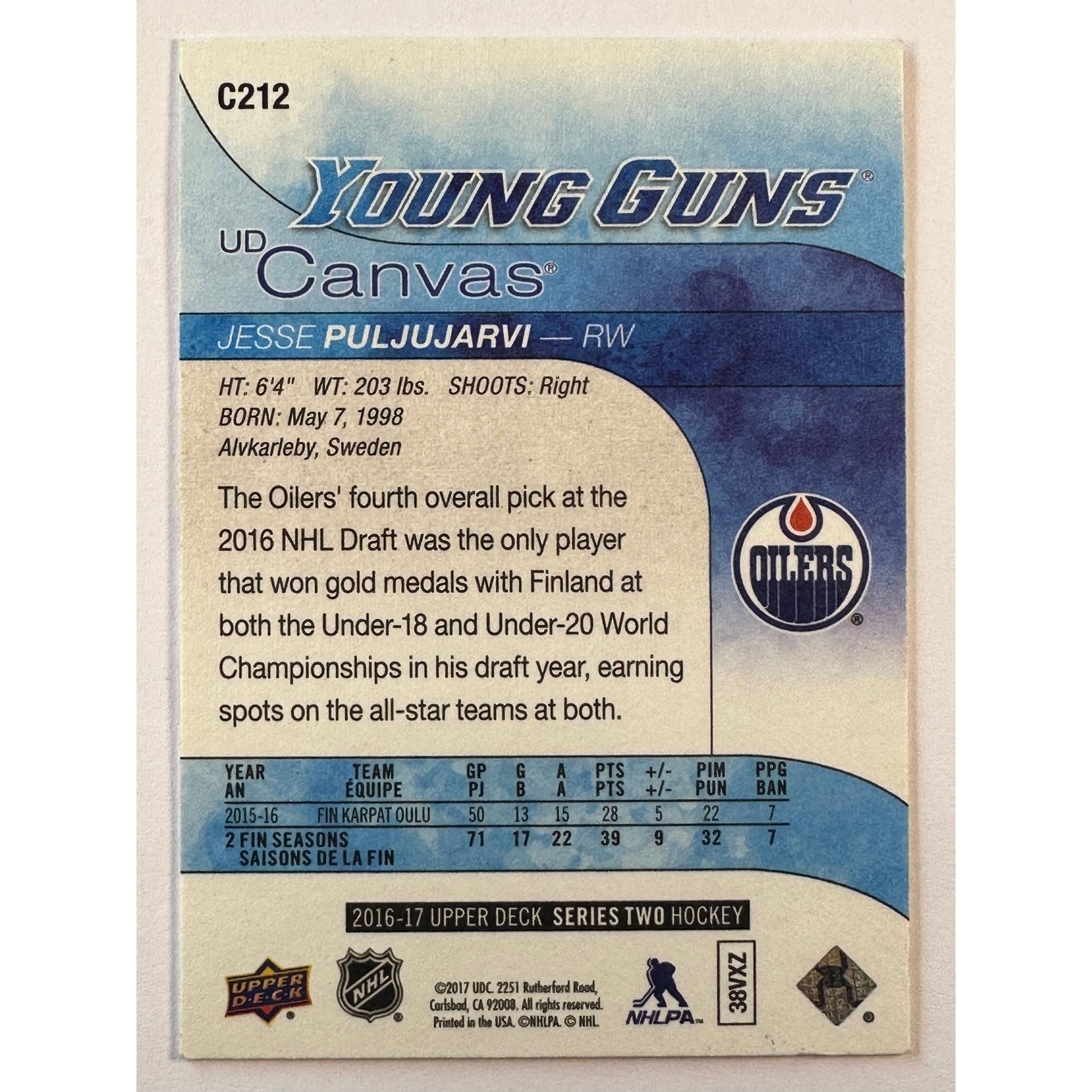 2016-17 Upper Deck Series 2 Jesse Puljujarvi UD Canvas Young Guns | Local Legends Cards & Collectibles