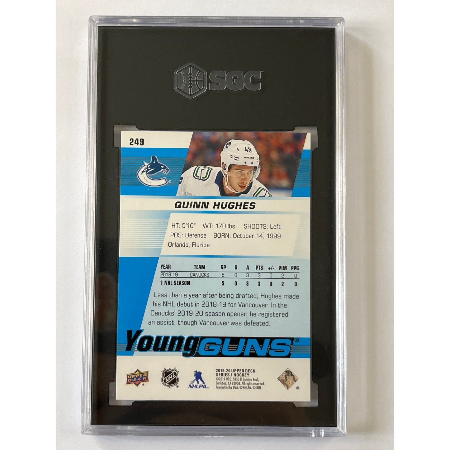 2019-20 Series 1 Quinn Hughes Young Guns SGC 10 GEM MINT