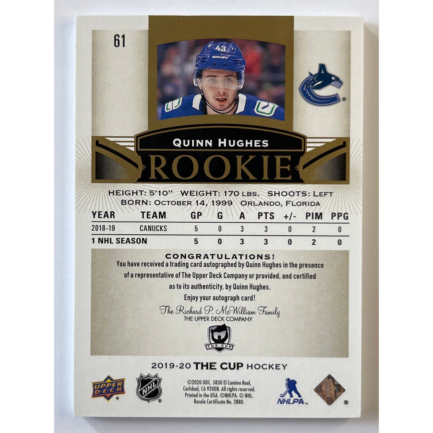 2019-20 The Cup Quinn Hughes Rookie Auto 01/24