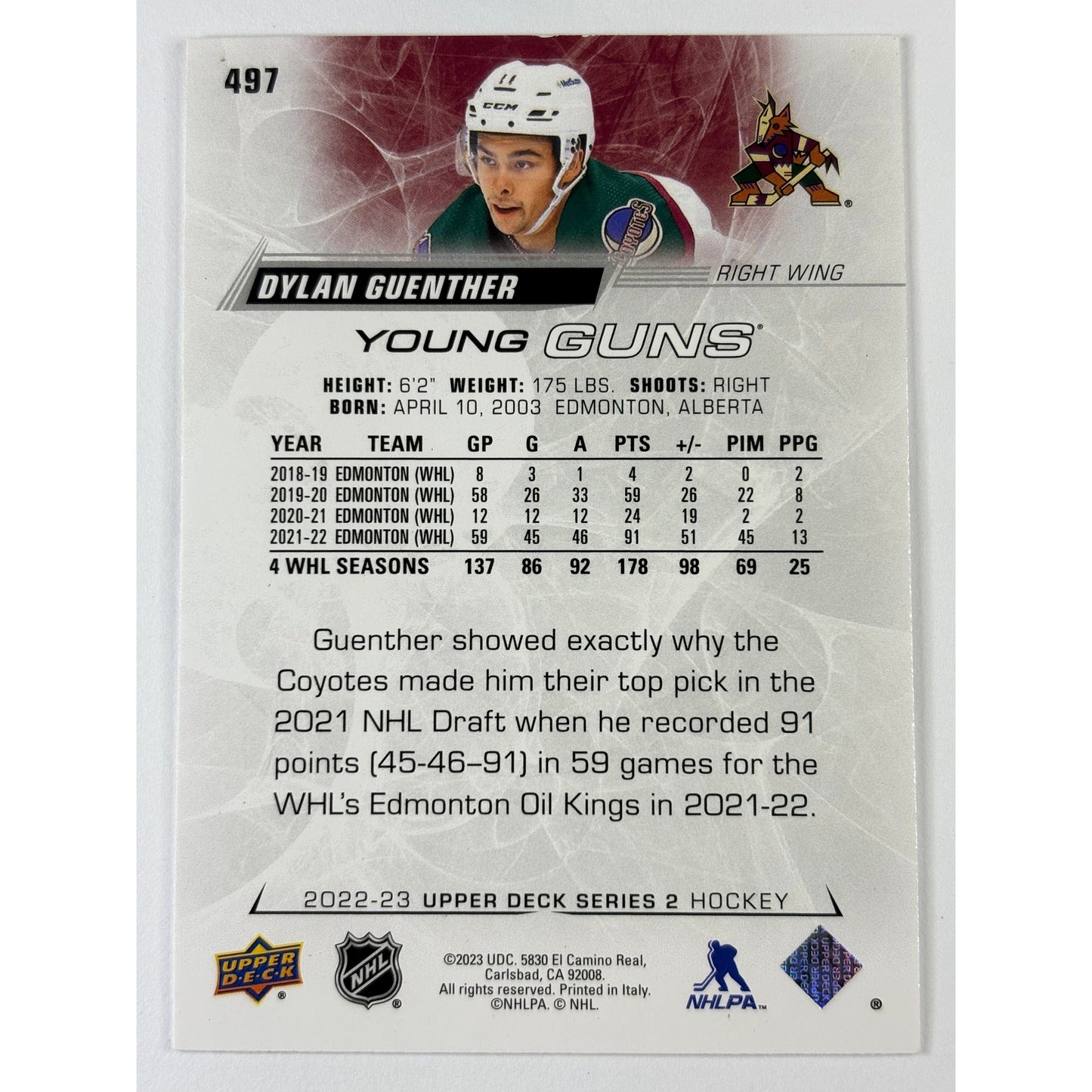 2022-23 Upper Deck Series 2 Dylan Guenther Young Guns | Local Legends Cards & Collectibles