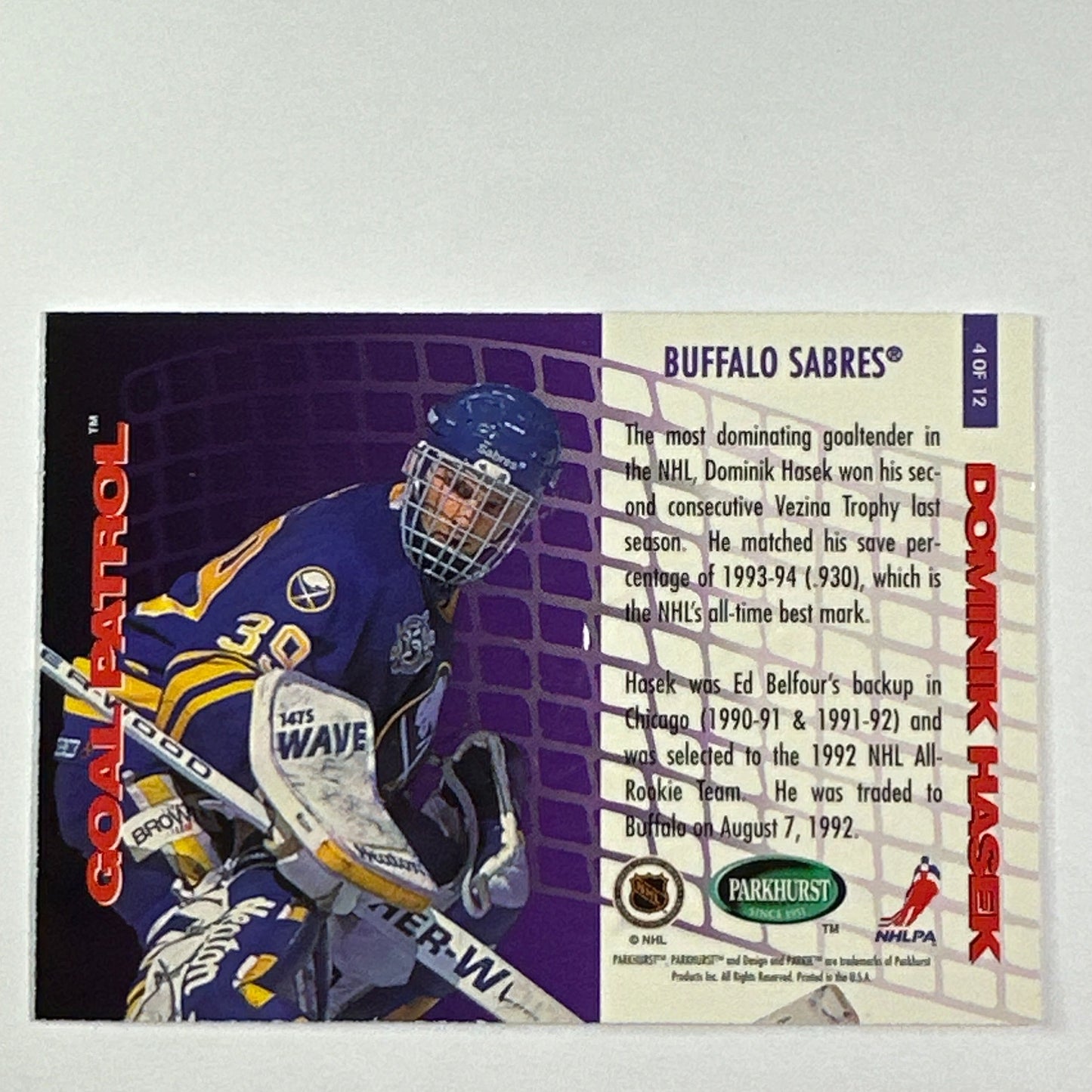 1995-96 Parkhurst Dominik Hasek Goal Patrol Embossed | Local Legends Cards & Collectibles
