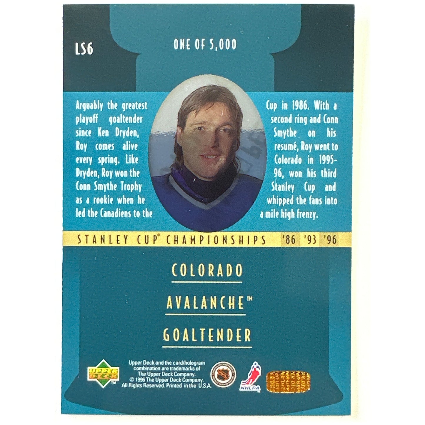1996-97 Upper Deck Patrick Roy Stanley Cup Quarterfinals Acetate /5000 | Local Legends Cards & Collectibles