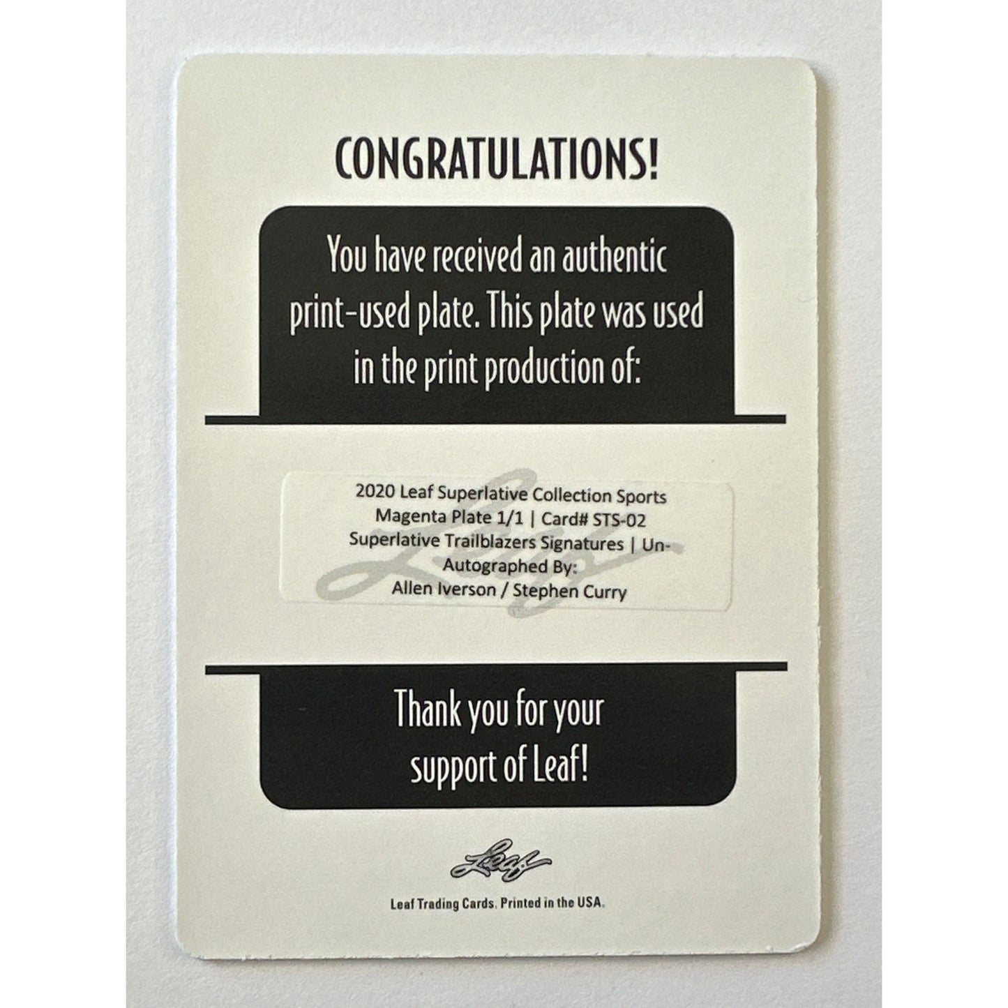 2020 Leaf Superlative Collection Steph Curry / Allen Iverson Magenta Printing Plate 1/1 | Local Legends Cards & Collectibles