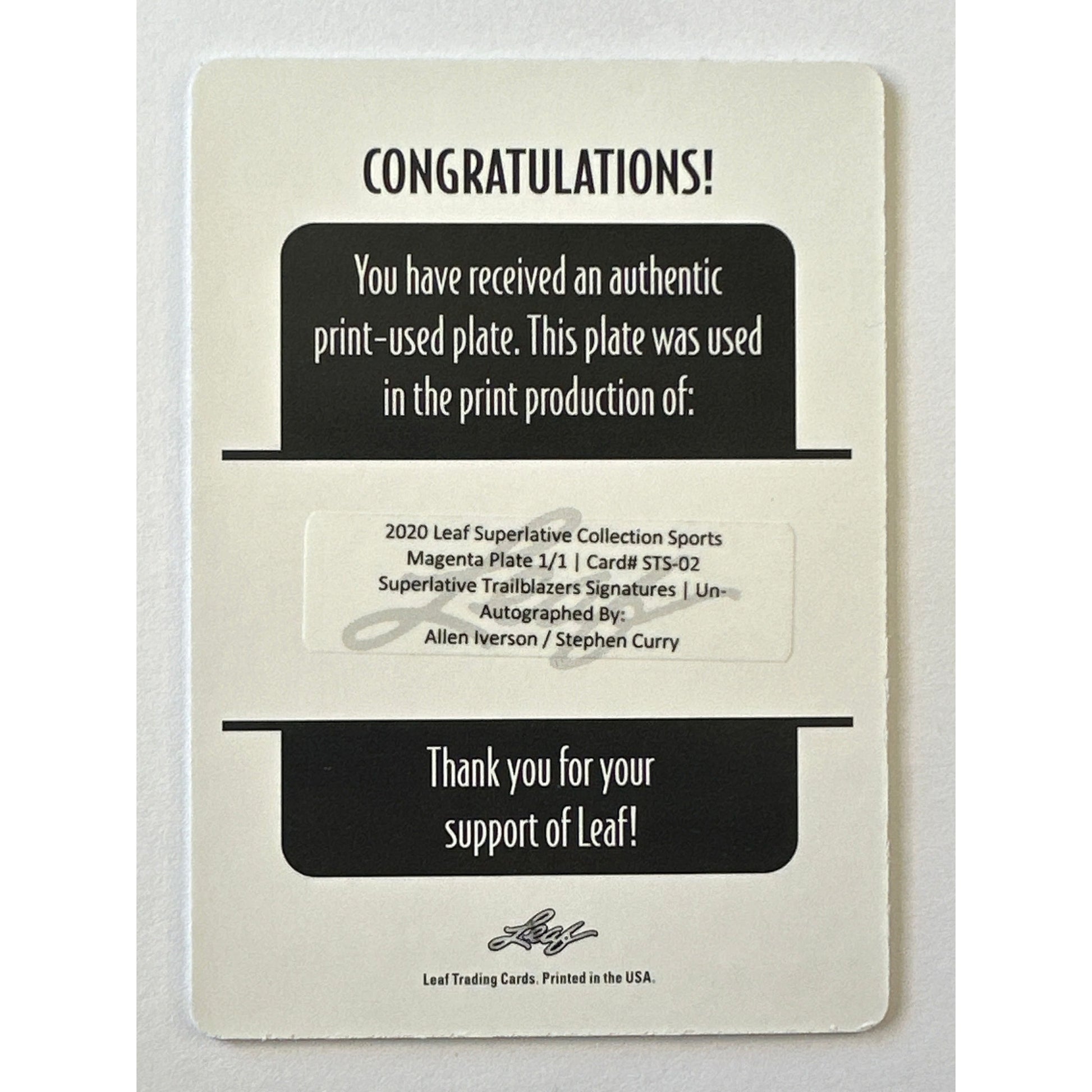 2020 Leaf Superlative Collection Steph Curry / Allen Iverson Magenta Printing Plate 1/1 | Local Legends Cards & Collectibles