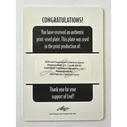 2020 Leaf Superlative Collection Steph Curry / Allen Iverson Magenta Printing Plate 1/1 | Local Legends Cards & Collectibles