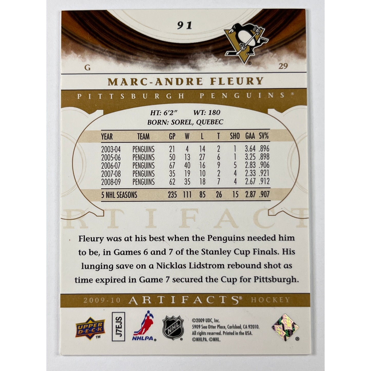 2009-10 Artifacts Marc-Andre Fleury In-Person Auto