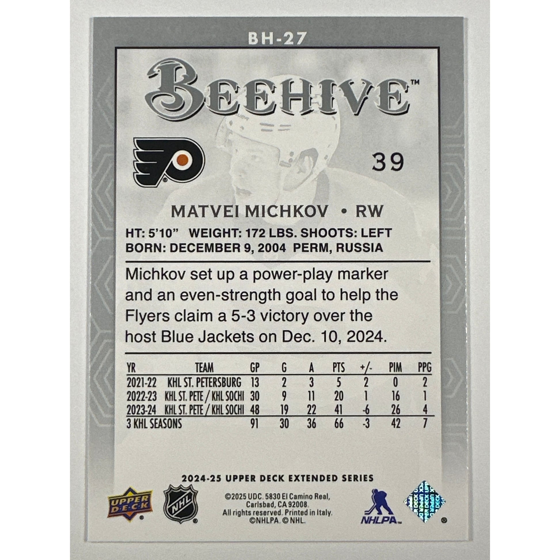 2024-25 Upper Deck Extended Series Matvei Michkov Bee Hive RC | Local Legends Cards & Collectibles