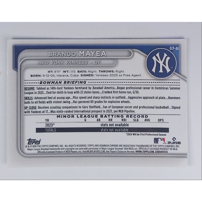 2024 Topps Bowman Chrome Brando Mayea Lunar Green | Local Legends Cards & Collectibles