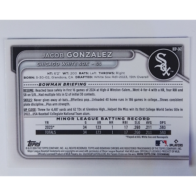 2024-25 Topps Bowman Chrome Jacob Gonzalez Orange Shimmer /50 | Local Legends Cards & Collectibles